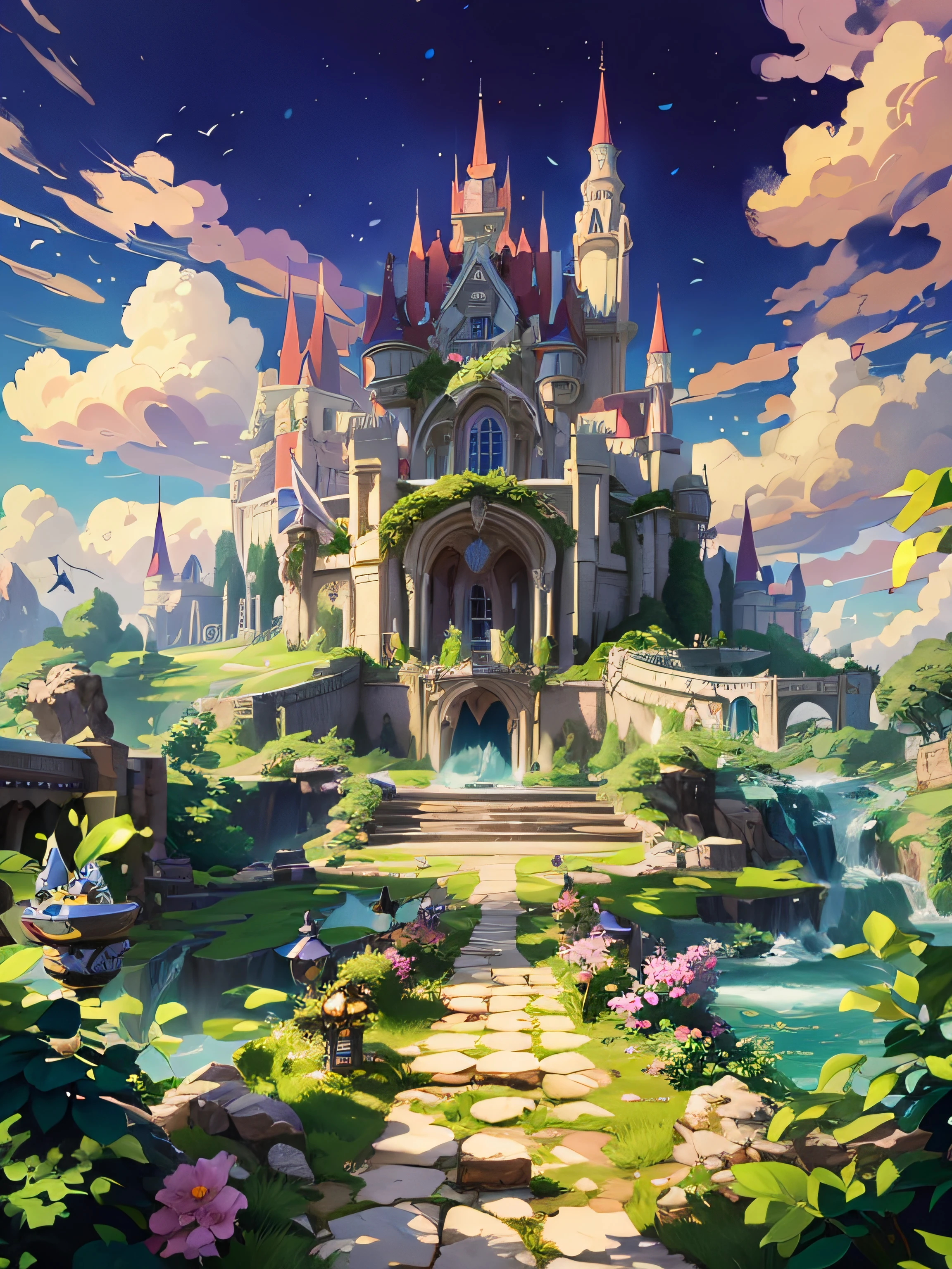 anime - style castle with a pathway leading to it and a garden, fairy tale style background, palace background, beautiful render of a fairytale, fantasy castle, ross tran. scenic background, magical castle, flying cloud castle, palace floating in heaven, beautiful detailed fantasy, beautiful castle, castle background, beautiful fantasy anime, castle scene manga, high fantasy castle, light kingdom backdrop