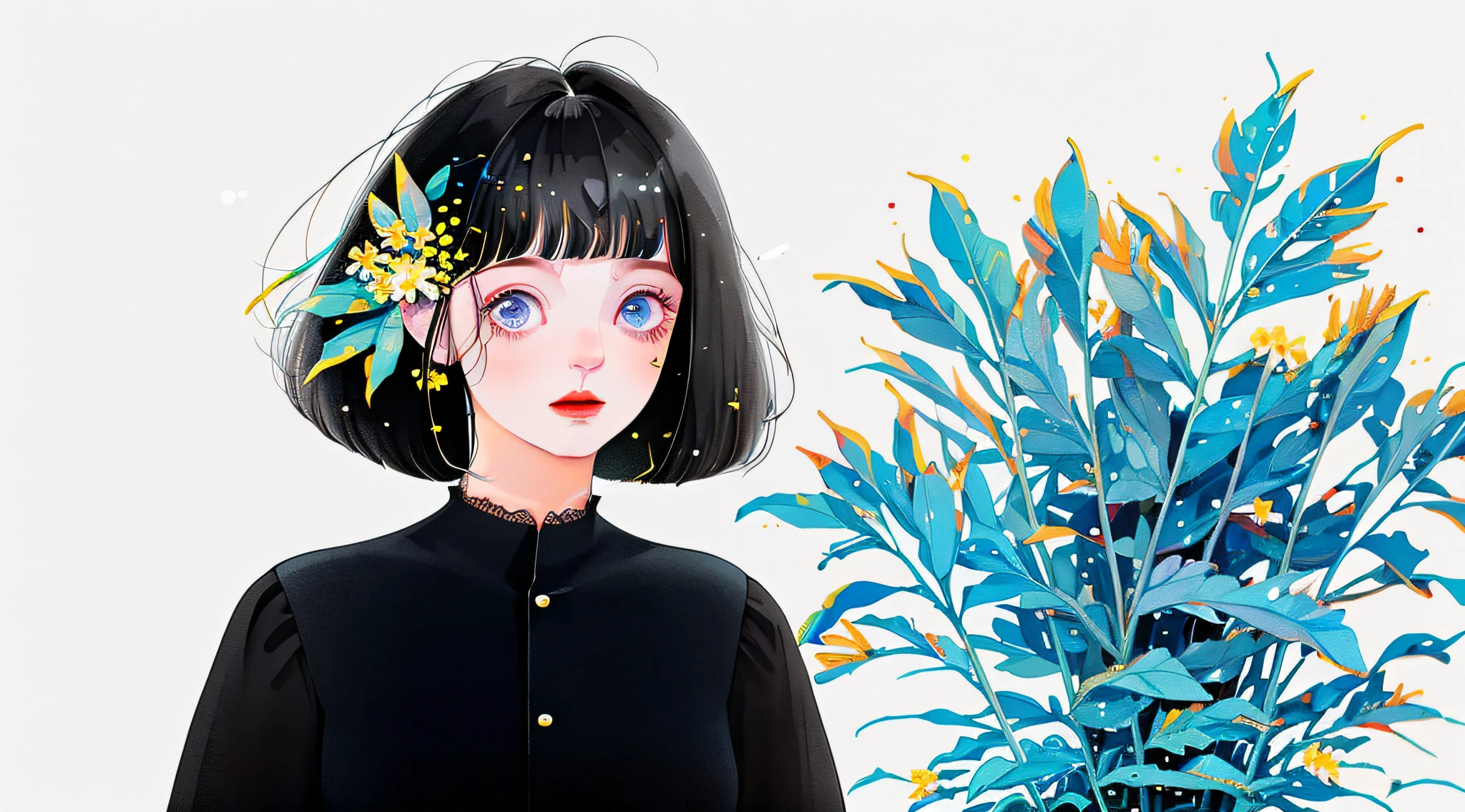 yxycolor,1girl, solo, black hair, flower, white background, hair ornament, hair flower, short hair, upper body, bangs, looking at viewer, simple background, leaf, bob cut, plant, shirt, blue shirt, blunt bangs, yellow flower, red lips, blue eyes