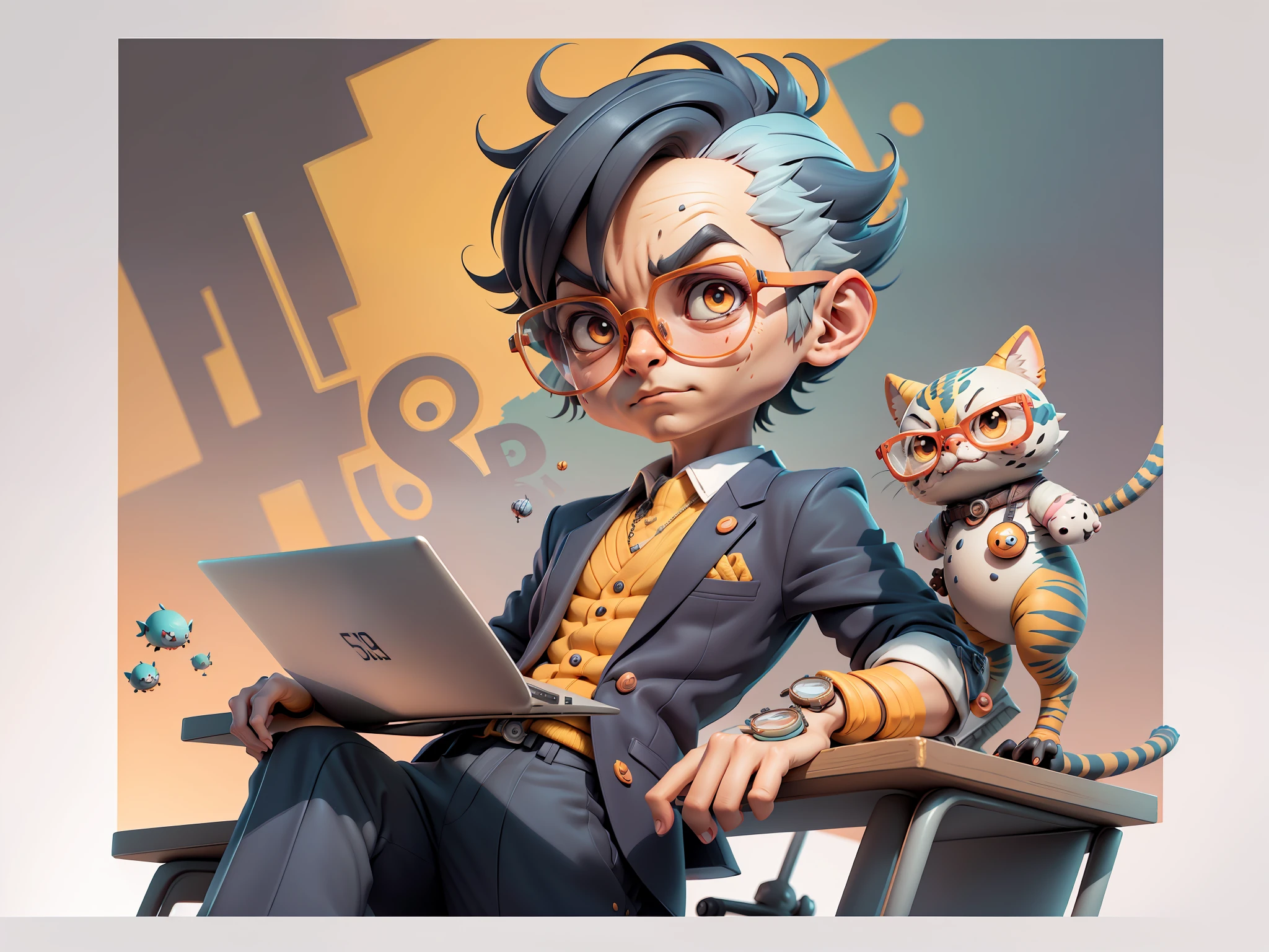 A young man in a suit, Short hair and glasses sat at his desk,holding laptop,digitial painting,tigre,3D character design by Mark Clairen and Pixar and Hayao Miyazaki and Akira Toriyama,4K HD illustration,Very detailed facial features and cartoon-style visuals。