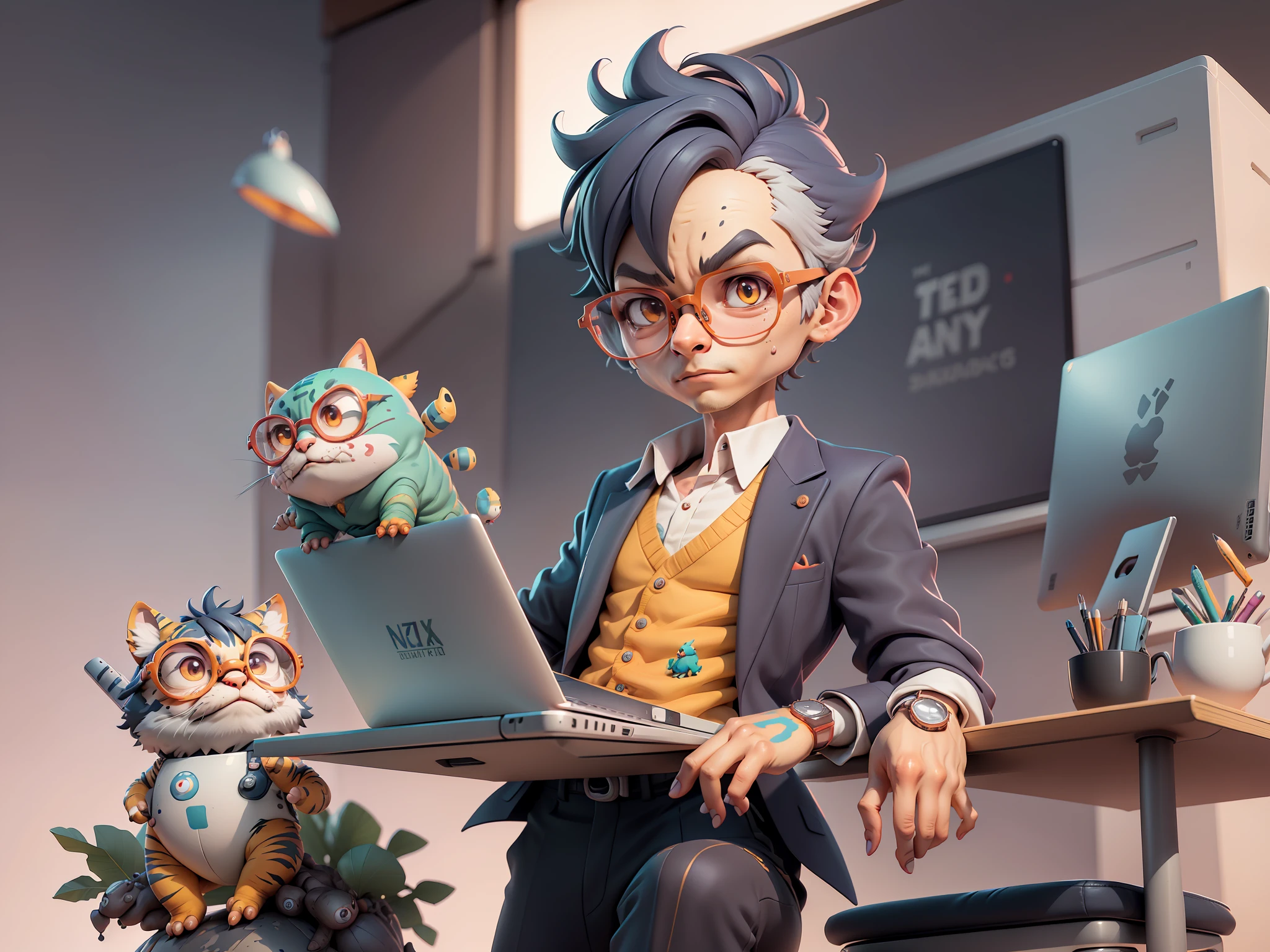 A young man in a suit, Short hair and glasses sat at his desk，holding laptop，digitial painting，tigre，3D character design by Mark Clairen and Pixar and Hayao Miyazaki and Akira Toriyama，4K HD illustration，Very detailed facial features and cartoon-style visuals。