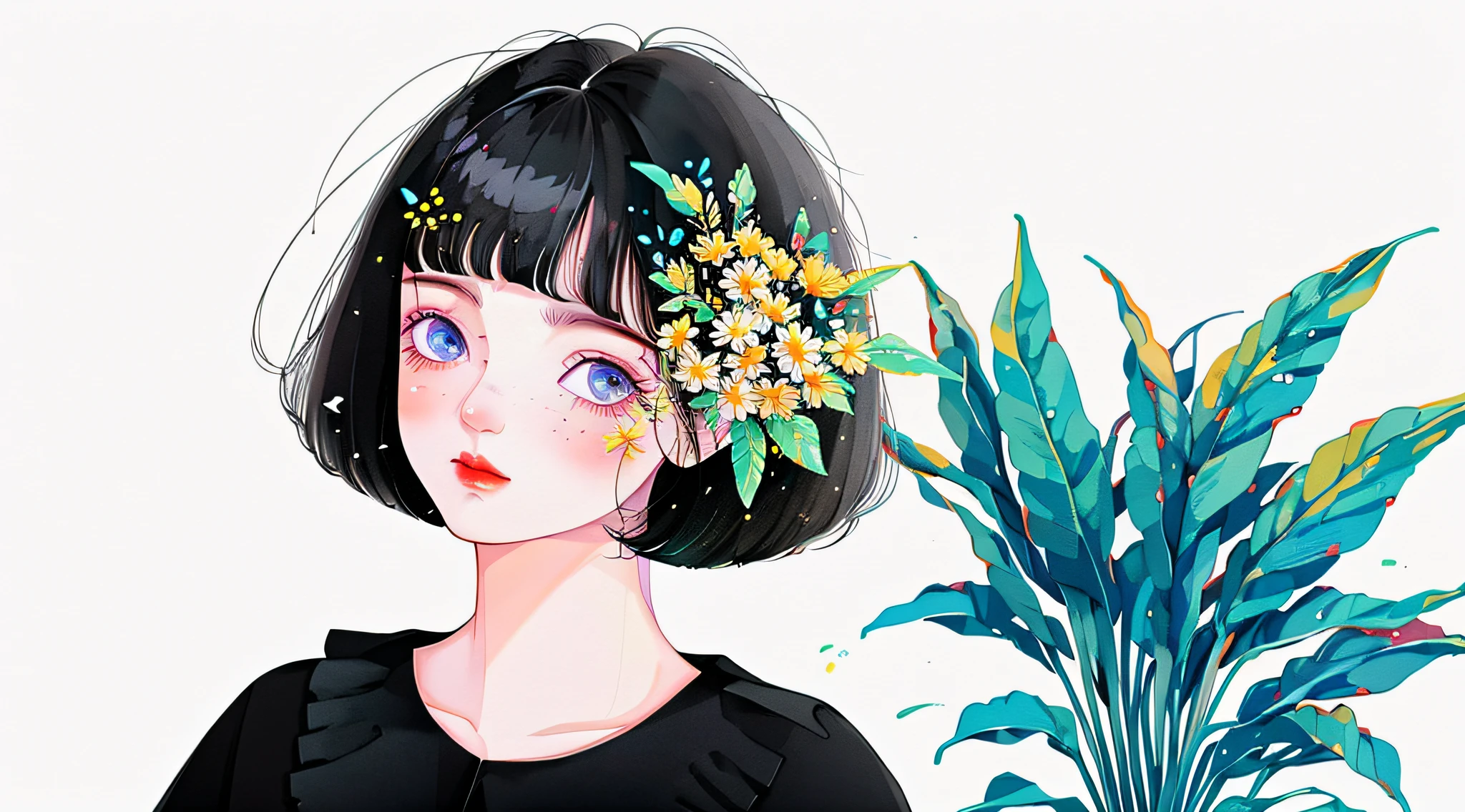 yxycolor,1girl, solo, black hair, flower, white background, hair ornament, hair flower, short hair, upper body, bangs, looking at viewer, simple background, leaf, bob cut, plant, shirt, blue shirt, blunt bangs, yellow flower, red lips, blue eyes