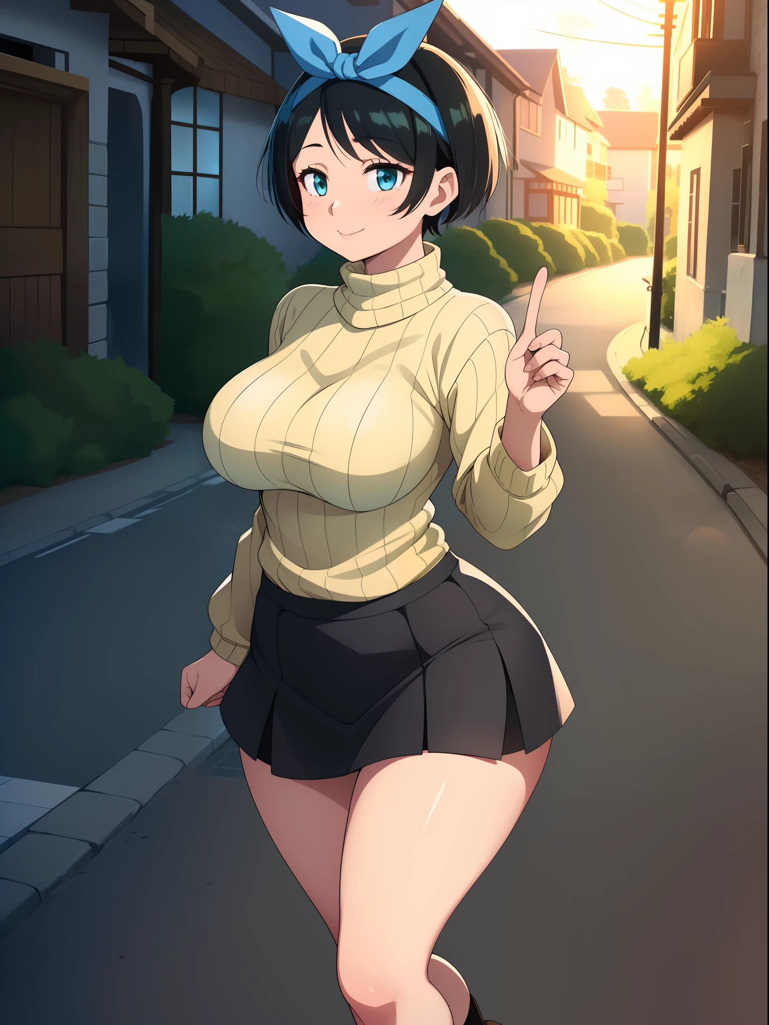 ((((kipteitei art)))), ((highres)),Masterpiece, high quality, best quality, beautiful, perfect lighting, detailed face, ultra cute face, ((1girl)), ((solo), ((((sarashina ruka)))), ((blue hairband)), ((tan turtle neck sweater)), ((black short skirt)), black socks, loafers, looking at viewer, cowboy shot, sweet smile, cute, happy, medium breasts, perky breasts, (wide hips), (thick thighs), thicc, town, street,