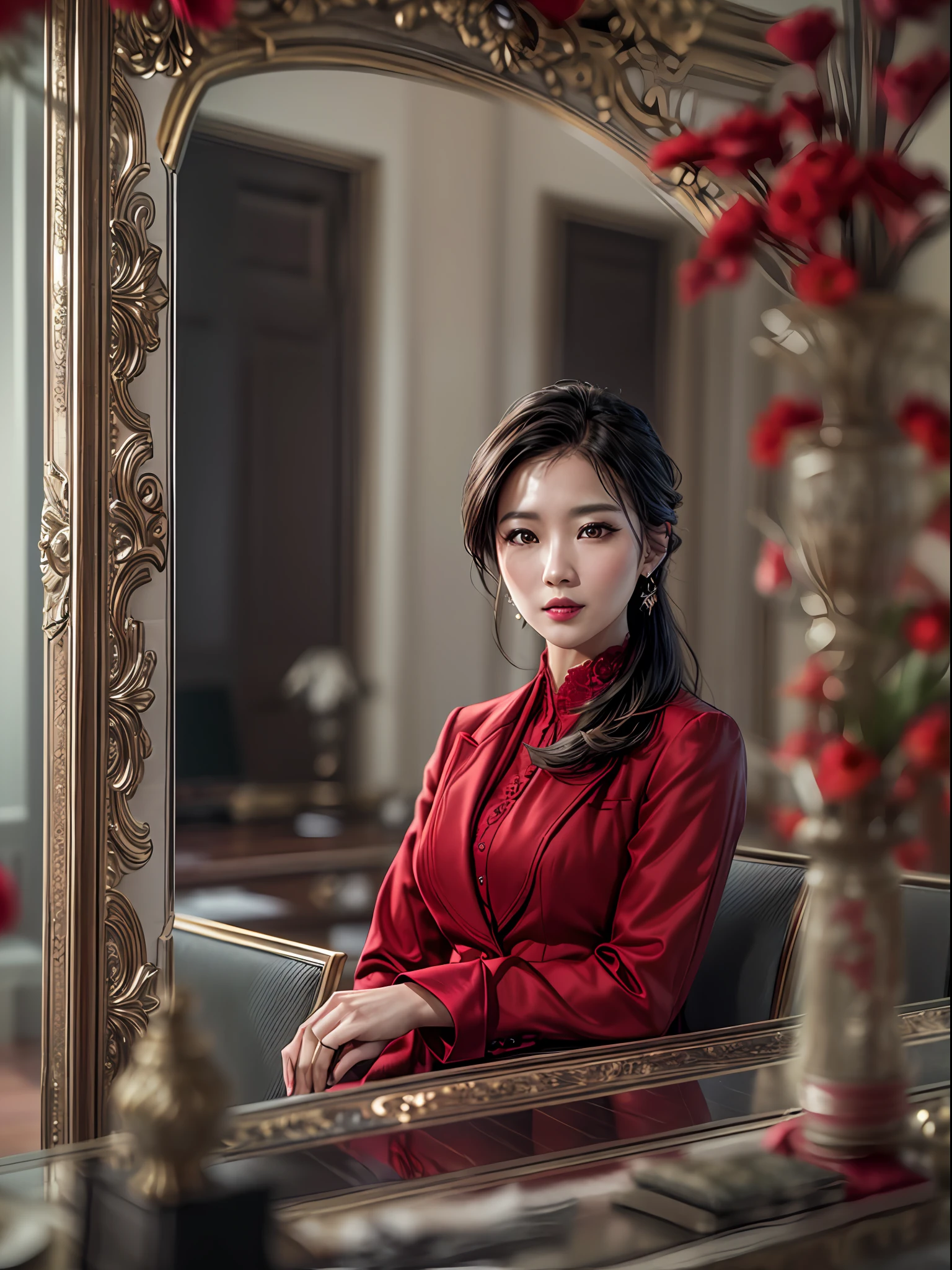 (masterpiece, high resolution:1.3), (photo of a Korean business executive:1.2), (wearing an elegant red outfit:1.2), (Sony Alpha 1 camera, ideal for capturing exceptional detail and realism:1.2), (paired with the Sony FE 24-70mm f/2.8 GM lens for a versatile and sharp portrait:1.2), (the executive exudes confidence and professionalism:1.1), (her posture displaying authority and poise:1.1), (her dark hair impeccably styled:1.1), (her makeup enhancing her natural beauty:1.1), (the office space decorated with a minimalist and sophisticated design:1.1), (clean lines and neutral colors creating a serene ambiance:1.1), (the executive seated comfortably in an ergonomic chair:1.1), (her desk organized and clutter-free:1.1), (a vase of fresh flowers adding a touch of elegance:1.1), (the subtle play of light and shadow enhancing the atmosphere:1.1), (a view of the cityscape through the window, symbolizing progress and ambition:1.1), (the photo capturing the executive's professionalism and dedication to her work:1.1), (the high-resolution image ensuring every detail, from her outfit's fabric to the textures of the furniture, is crystal clear:1.1), (a moment frozen in time, portraying the essence of a successful Korean executive:1.1), (an image that reflects competence, sophistication, and achievement:1.1), Cinematic, Hyper-detailed, insane details, Beautifully color graded, Unreal Engine, DOF, Super-Resolution, Megapixel, Cinematic Lightning, Anti-Aliasing, FKAA, TXAA, RTX, SSAO, Post Processing, Post Production, Tone Mapping, CGI, VFX, SFX, Insanely detailed and intricate, Hyper maximalist, Hyper realistic, Volumetric, Photorealistic, ultra photoreal, ultra-detailed, intricate details, 8K, Super detailed, Full color, Volumetric lightning, HDR, Realistic, Unreal Engine, 16K, Sharp focus, octane render