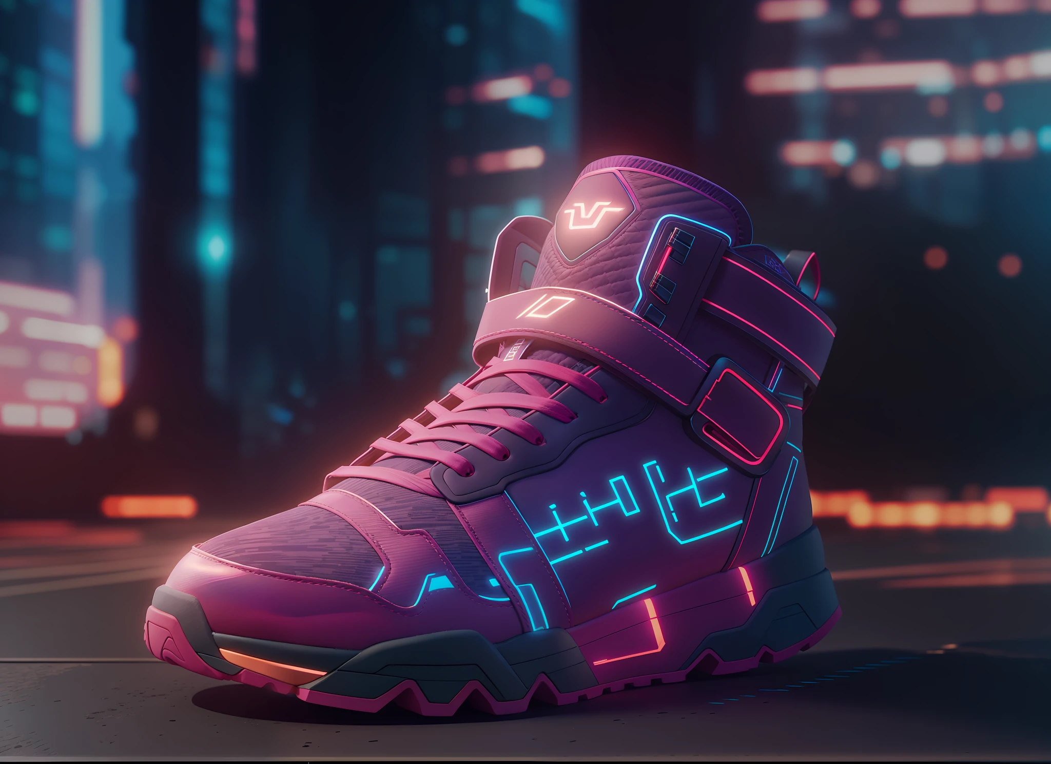 product photography of a cybepunk sneakers, epic render, octane, atmosphere, particles, soft volumetric lights, (backlit:1.3), (cinematic:1.3), intricate details