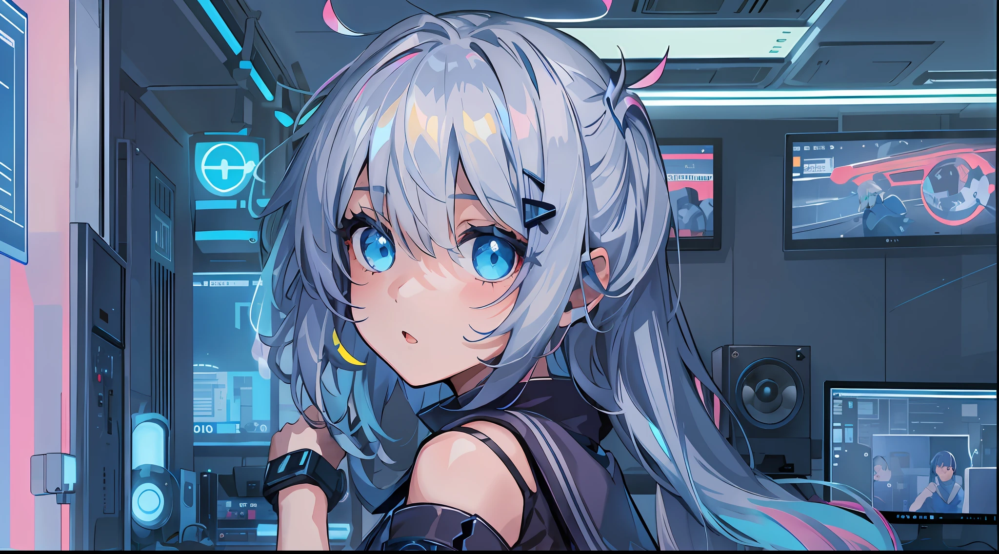 1girl, short stature, short girl, silver hair, short hair, asymmetrical bangs, blue eyes, sailor suit, blue cyber punk, room with big monitors, room with big windows, blue fluorescent light
