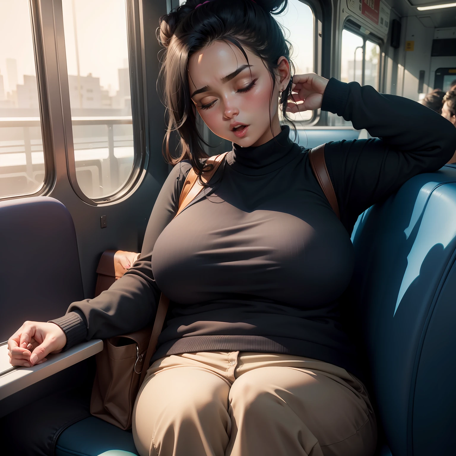 1 beautiful woman, drooling, sleeping with her mouth open, lips open, sleeping sitting on the bus seat, black hair, all hair tied back with a hair clip in a single bun, blue shirt, dark blue vest, sweater thin black; brown wallet, curvy woman; fat woman, outlined eyes, black pants, eyes closed, head resting on the seat, sitting near the window, head raised upwards with open mouth, eyes closed