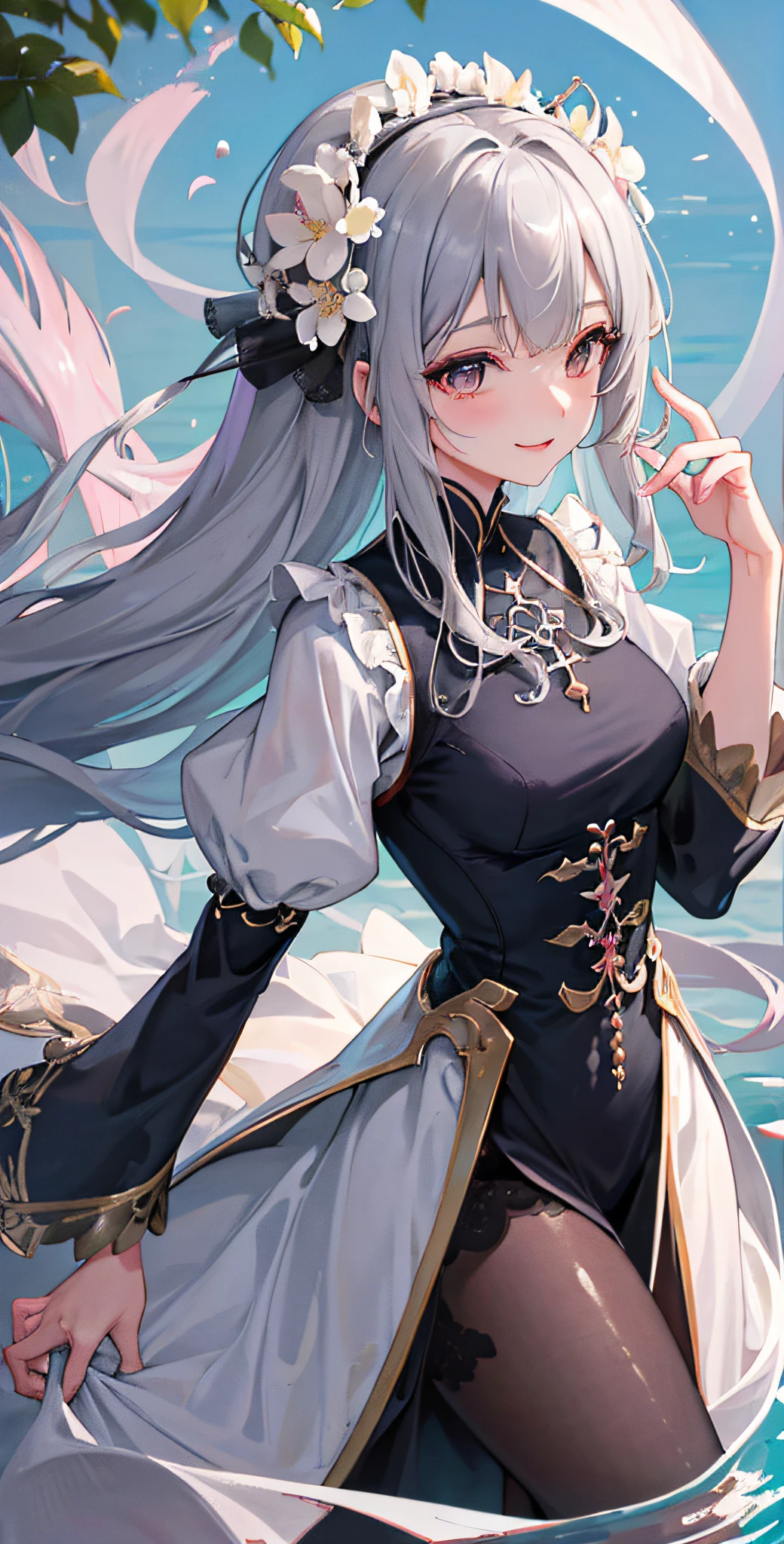 (absurderes,A high resolution,ultra - detailed),1girll,独奏,mature,(Long gray hair,ssmile),Rabid,longer sleeves,ellegance,holy,rich colourful,highest details,under the water,Floating hair,blossoms,Beautiful dress