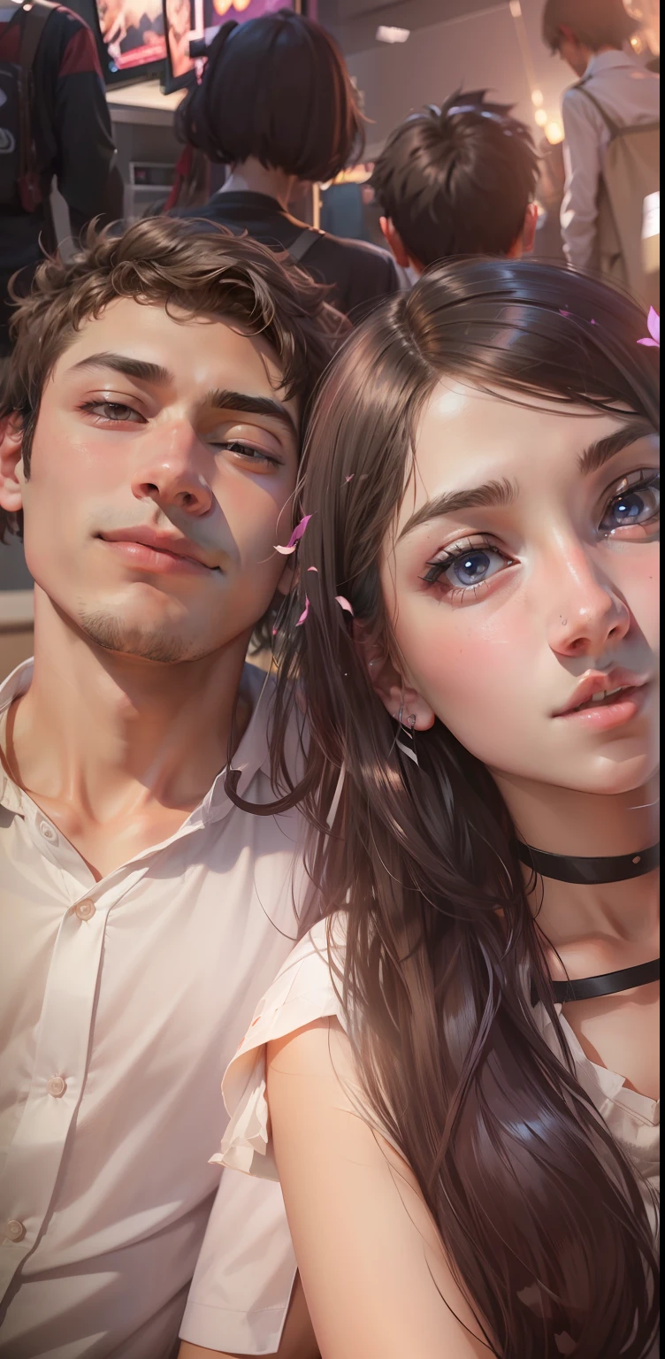 change background Highschool Couple sweet selfie, ashes shirt boy and pick dress girl Anime, Ultra realistic, 8k
