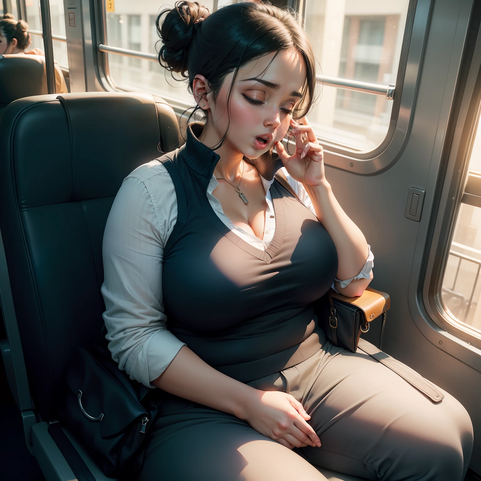 1 beautiful woman, drooling, sleeping with her mouth open, lips open, sleeping sitting on the bus seat, black hair, all hair tied back with a hair clip in a single bun, blue shirt, dark blue vest, sweater thin black; brown wallet, curvy woman; fat woman, outlined eyes, black pants, eyes closed, head resting on the seat, sitting near the window, head raised upwards with open mouth, eyes closed