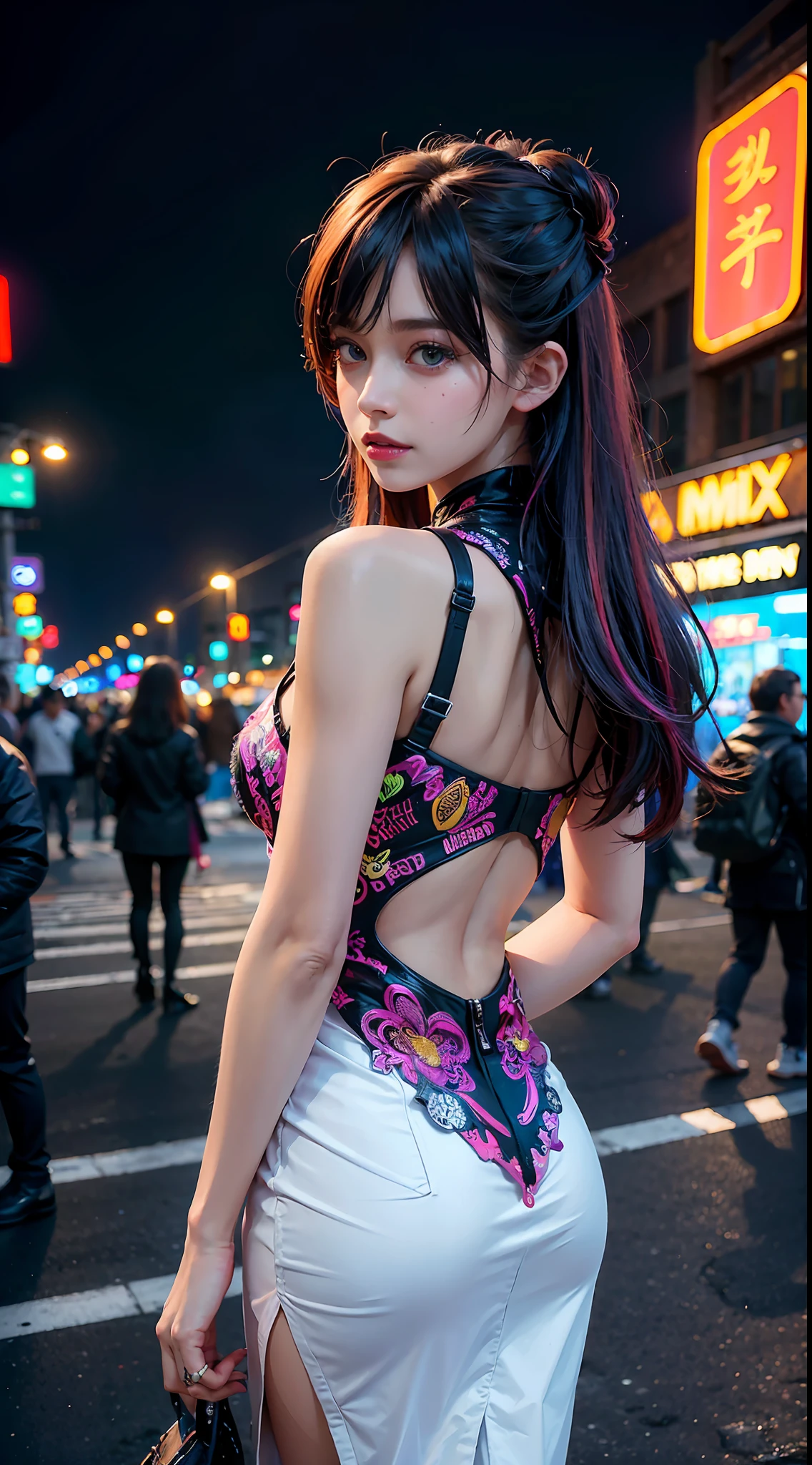 Some girls take selfies at food festivals, street, cyberpunk, city night, absurdres, highres, (ultra-detailed background, detailed back ground), extremly detailed, 2 girl, artist style, (Fashion:1.2), (zentangle:1.3), material effects, upper body, galaxy multicolored hair in new york city at night with orange fog, cybercity