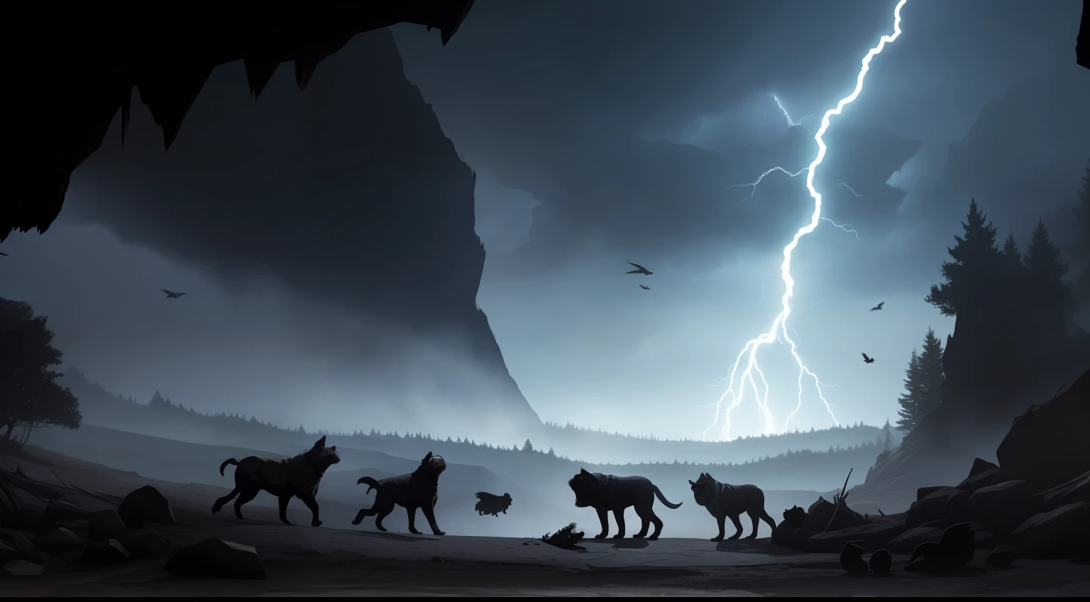 1bulldog, 1wolf, and a murder of crow's/ravens, all together, coming out of a cave, dark forest, lightning in background, high quality,realistic