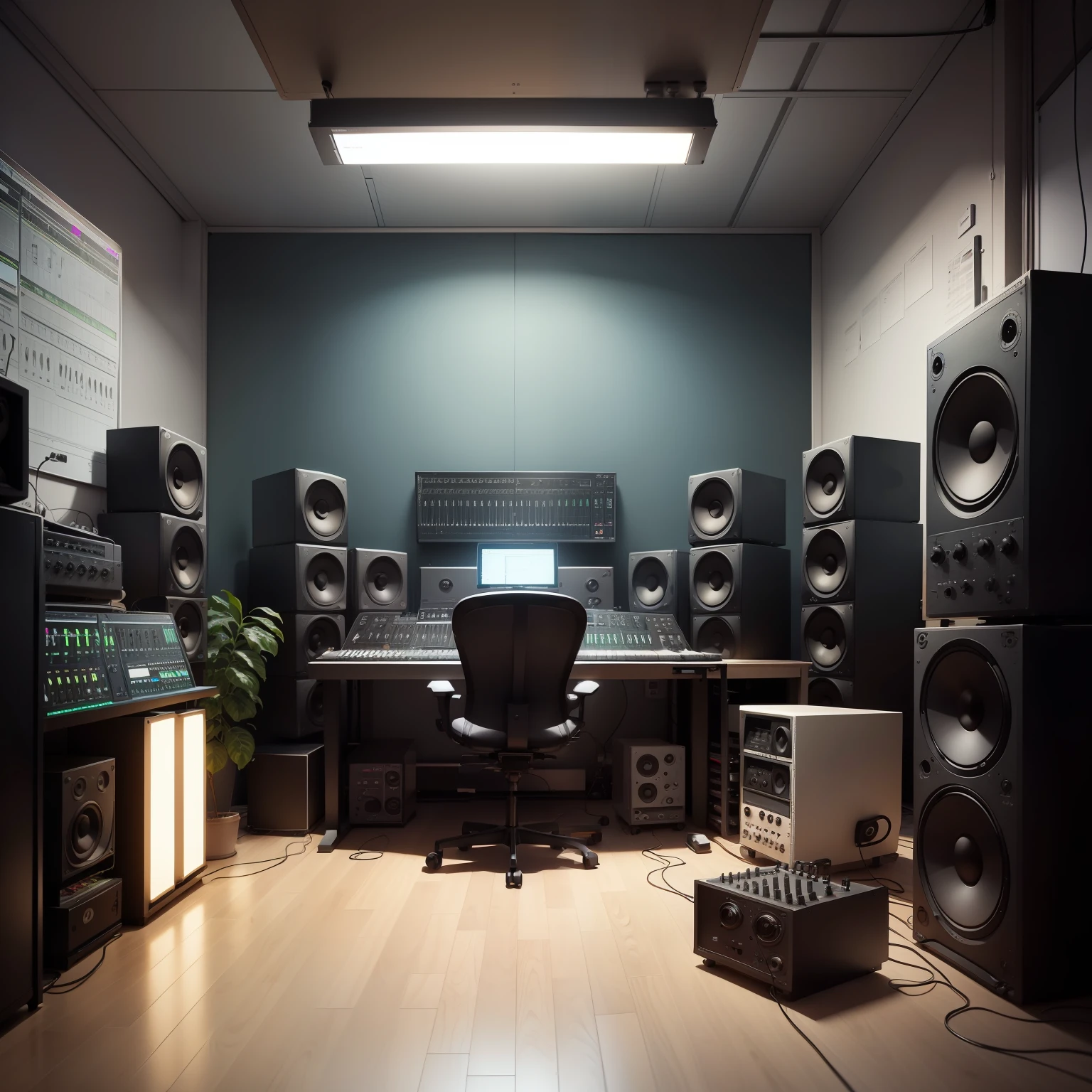 Make a drawing of a music production studio, with various electronic instruments and computers.