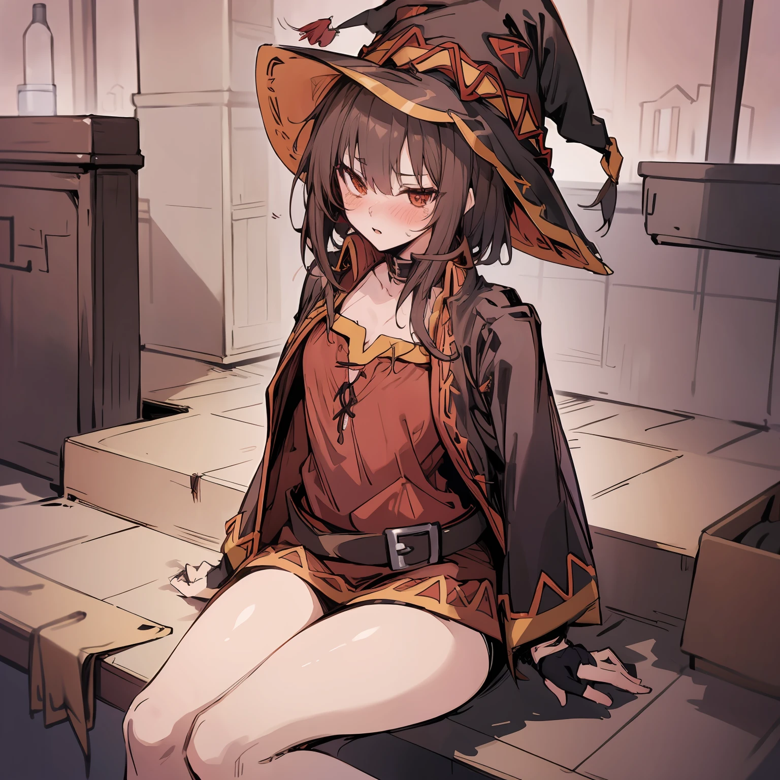 1 girl,masterpiece,small tits,Short hair,(top-quality),Perfect Anatomy,sitting on,(Megumin),Big witch's hat,(high details),