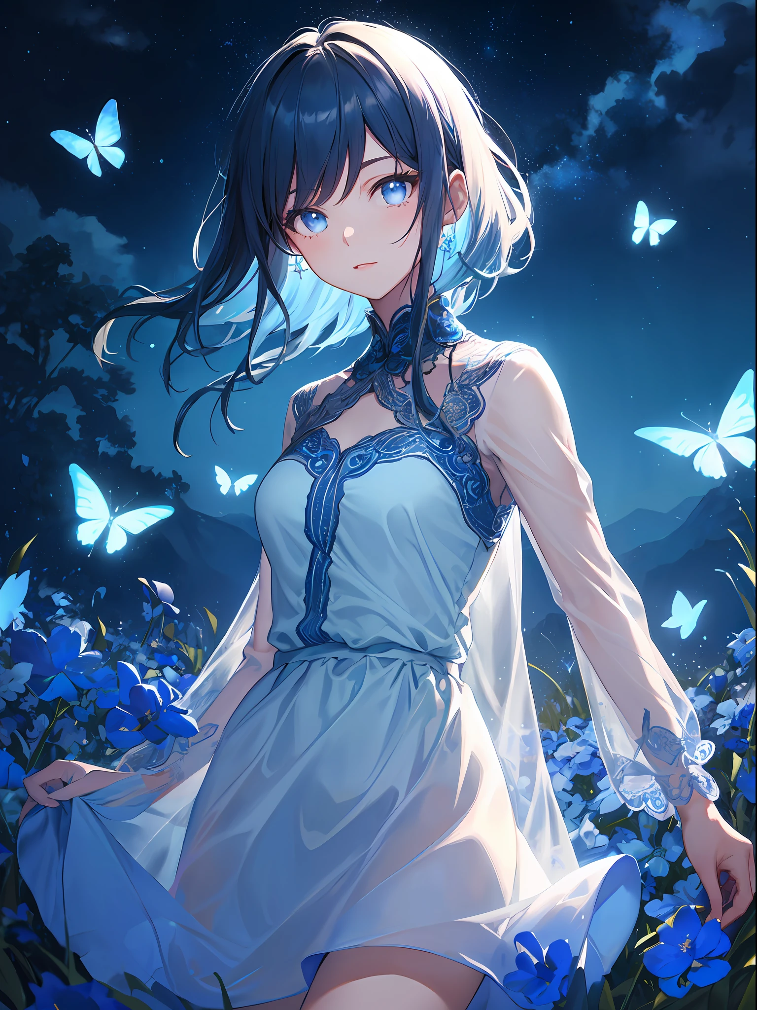 masterpiece, best quality, detailed eyes, vivid color, detailed skin, 1girl, short dress, see-through silhouette,
starry sky, field of flowers, butterflies,
((((((blue hue, rim lighting)))))),