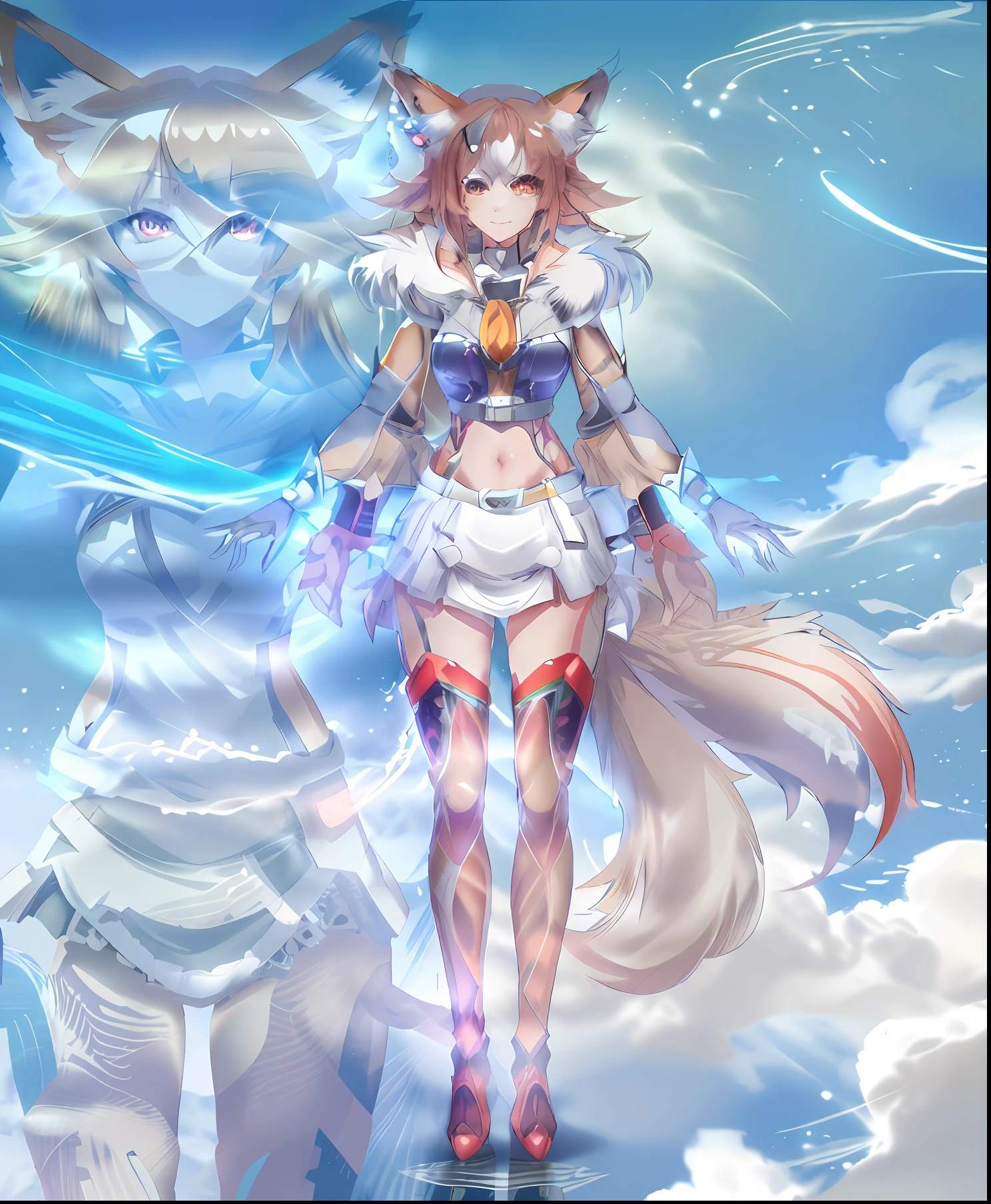 Anime characters with cat ears and red skirts, kitsune inspired armor, full body adoptable, female anthropomorphic wolf, female furry mini cute style, character adoptable, Holo is a wolf girl, fox nobushi, female fursona, full body concept, holo if a wolf girl, official character art, ahri, full body concept art