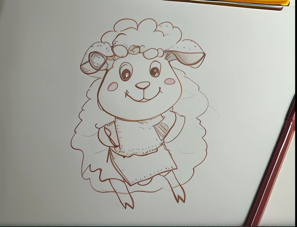 Close-up of sheep drawn in pencil, children's book drawing, drawn on white parchment paper, Drawing on parchment, horned ram goddess, a drawing, Children\'s book drawing, contour drawing, Cartoon drawing, Outline sketch, Simple drawing, lamb and goat fused as one, classroom doodle, kids fantasy drawing, animal drawing