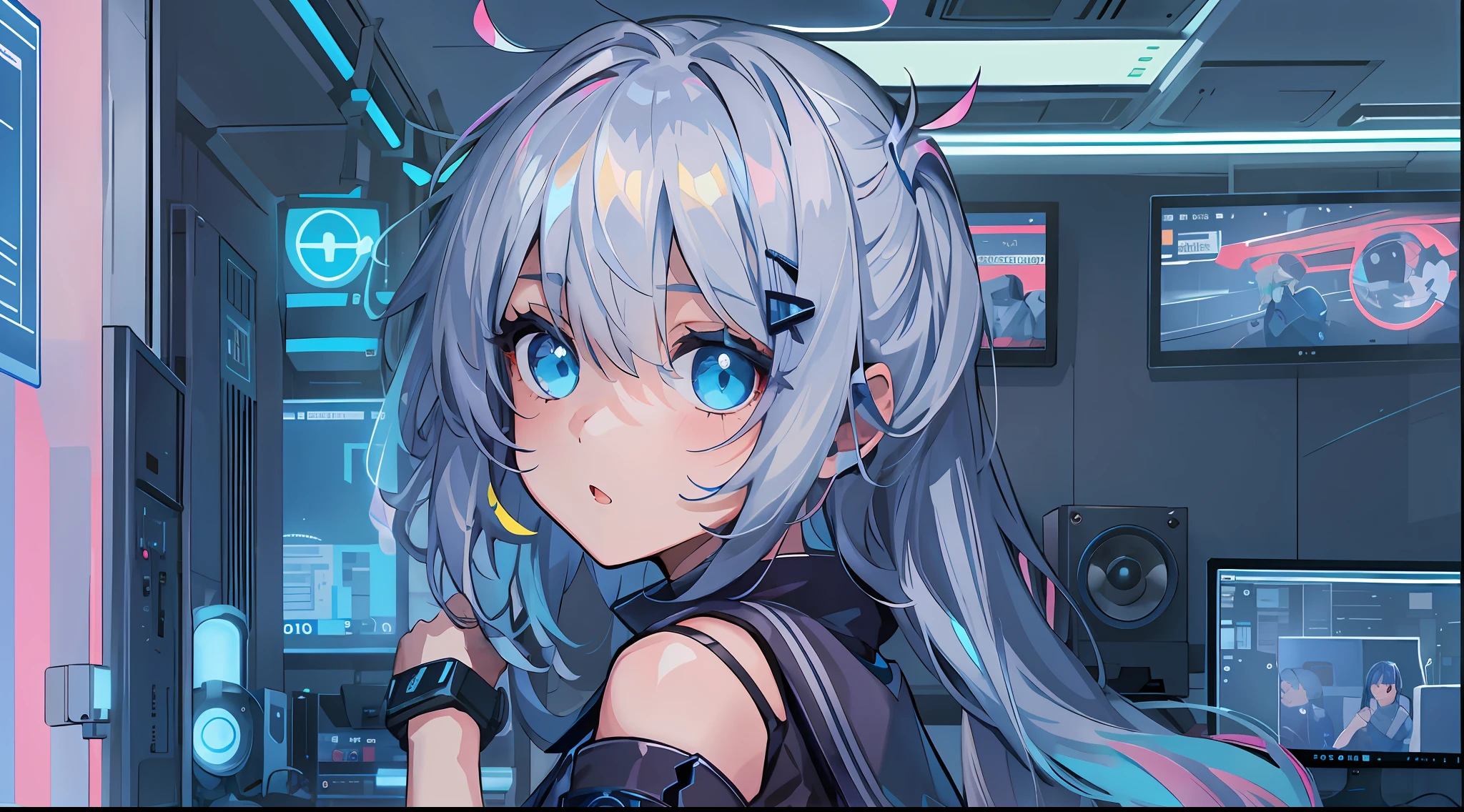 1girl, short stature, short girl, silver hair, short hair, asymmetrical bangs, blue eyes, sailor suit, blue cyber punk, room with big monitors, room with big windows, blue fluorescent light