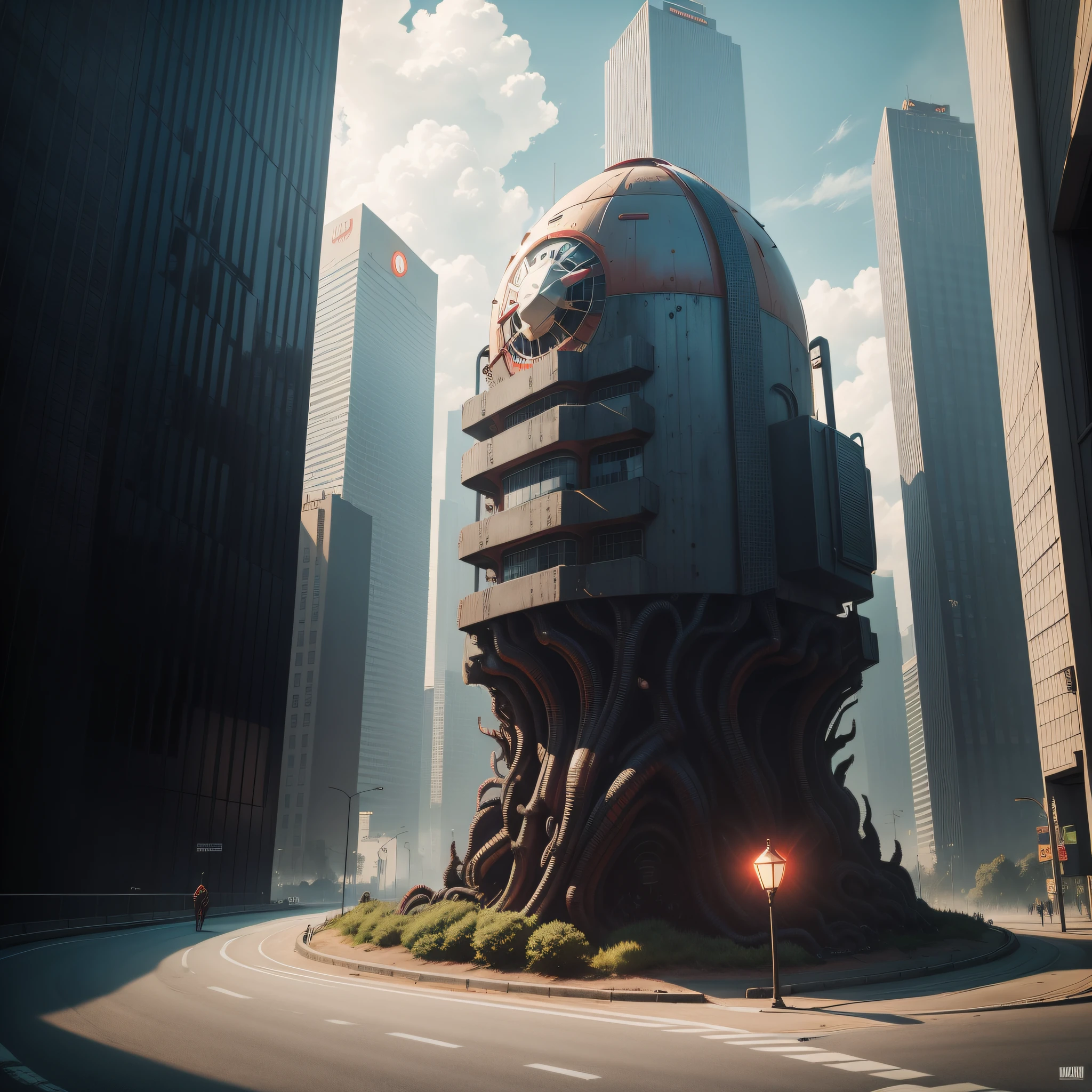 horror, assustador, terror, Pennywise, Roboto, cidade, rpg, futuristic buildings, noite, escuro, futuristico, anos 80, bem escuro, preto, bastante sombra