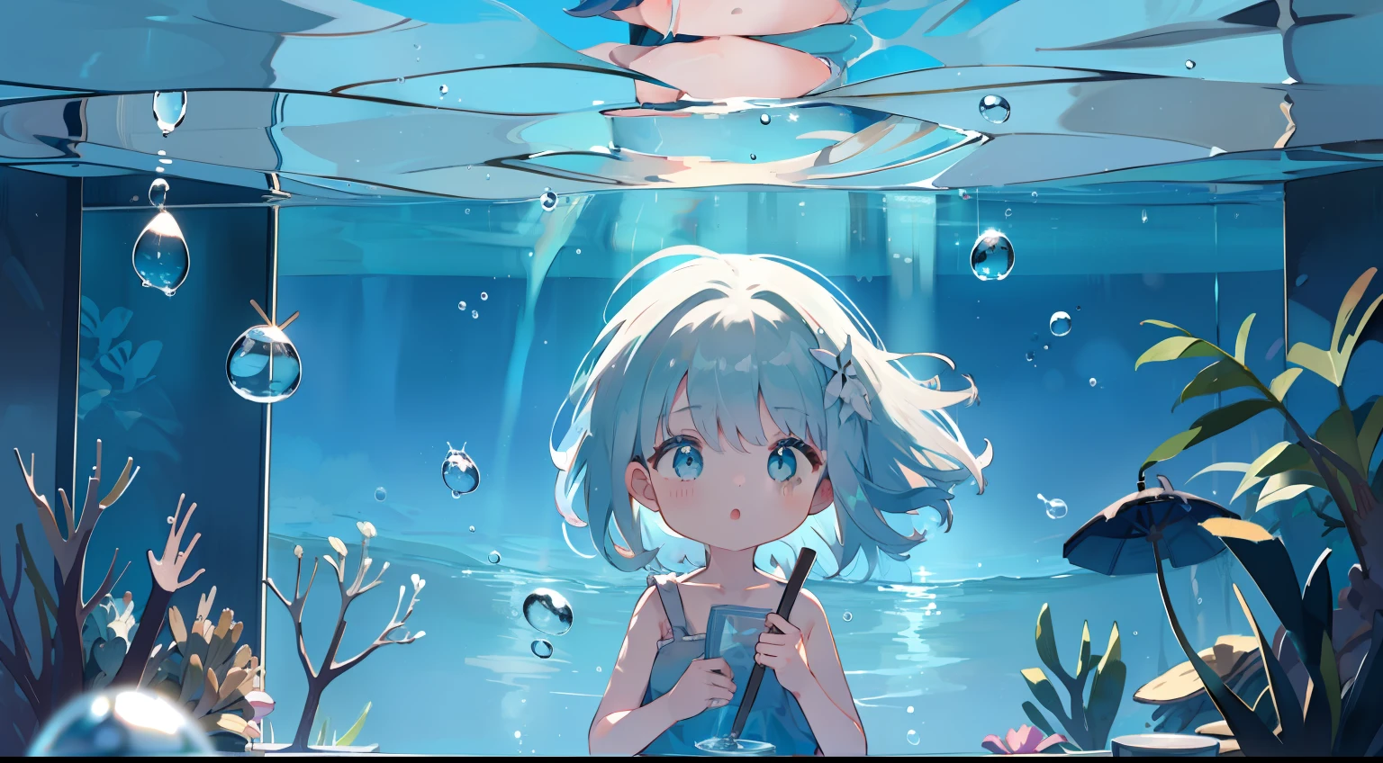 under the water、Under the sea、Eau、summer  dress、One girl、cute little、Sink、Air bubble、Fluttering hair、