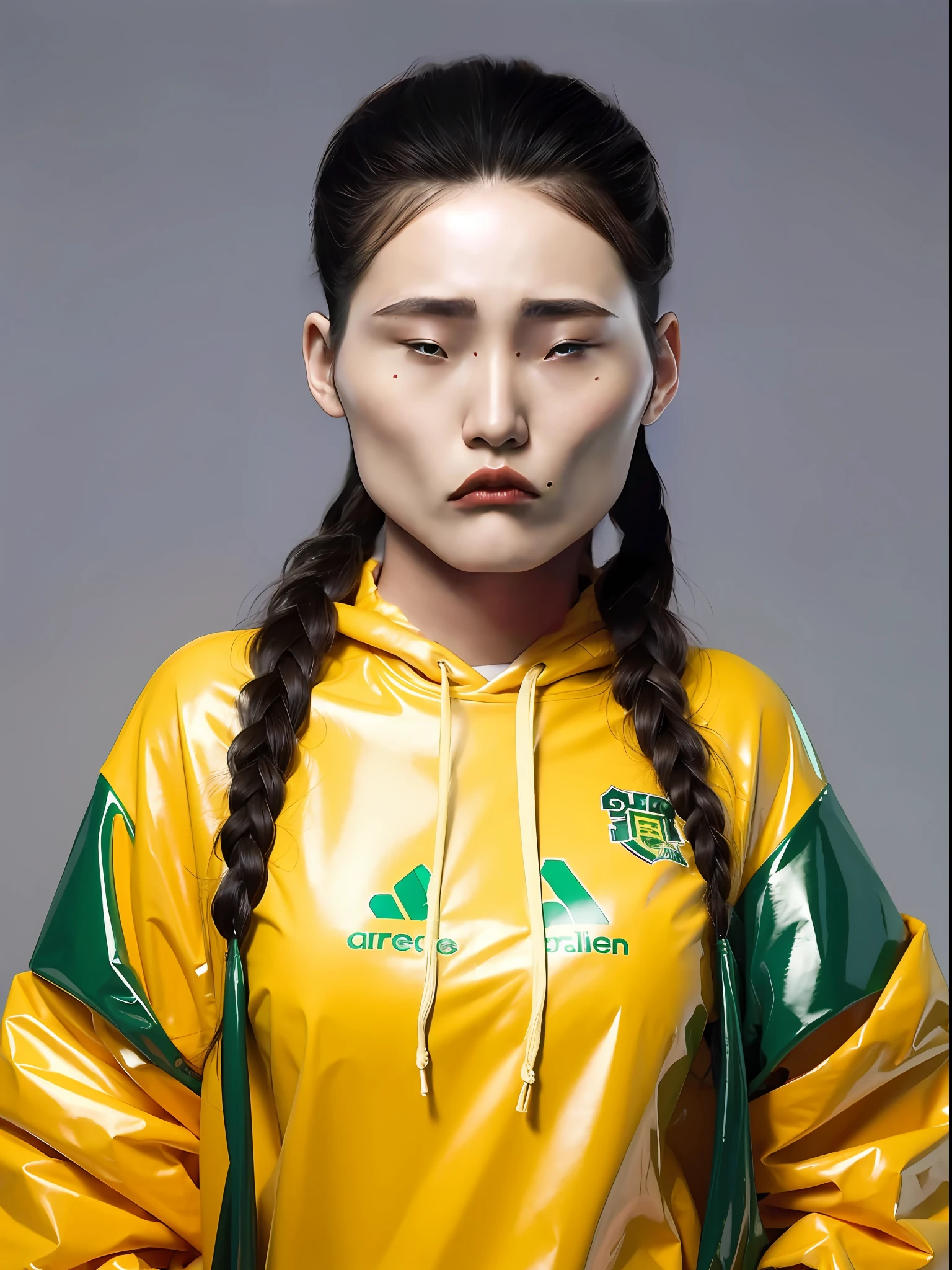A Chinese high school girl，Full breasts，Wearing a green PVC sweatshirt，long braid