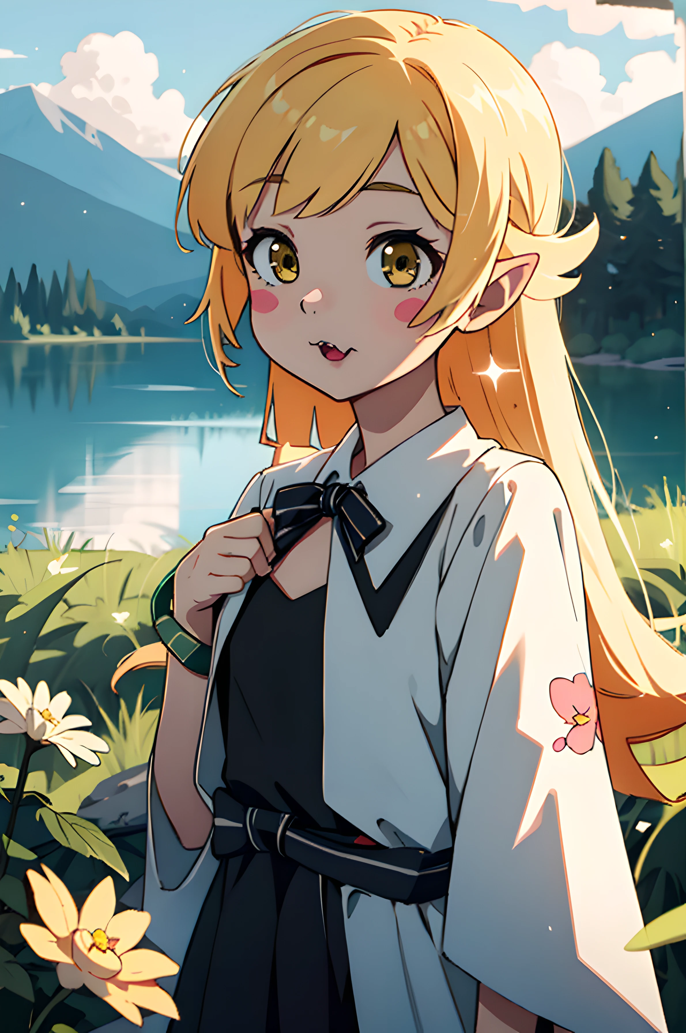 1girl, solo, female, (oshino_shinobu),(blonde) (blonde_hair), (yellow_hair), ((long_hair)), ((bangs)), (yellow_eyes), blush, cute, innocent face, pointy_ears, (blush_stickers), flat_chest, dress, bow, bracelet, fangs, portrait global illumination, hdri, subsurface scattering, masterpiece, 4k, raytrace, beautiful, sharp, smooth skin, bloom, anime sunset, nature, mountains, clouds, grass, flowers, fireflies, lake