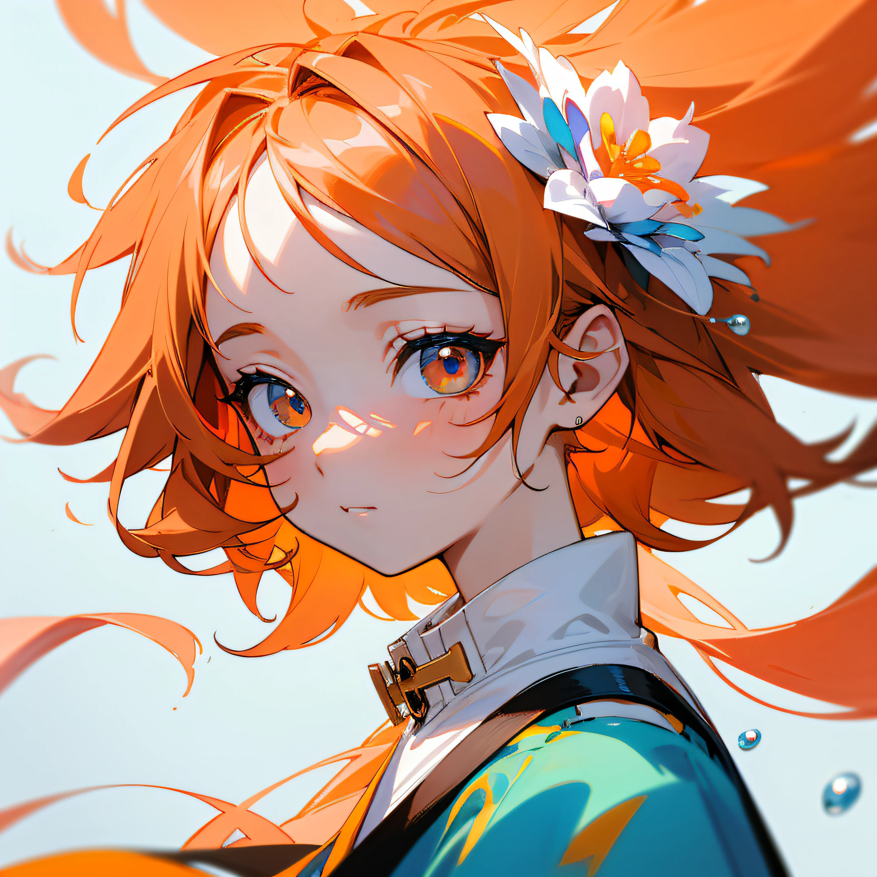 (tmasterpiece)、(top-quality)、(ultra - detailed)、(messy hair)、(illustratio)、(1 rapariga)、(Fashionable clothing)、It stands、Fashion model、looking at viewert、(interview)、(simple background)、Orange hair、Beautiful fine eyes、Delicate beauty face、Planktonic、(a high chroma)、(colorful water splash)、Colorful bubbles、(brilliance)、Focus on the face、