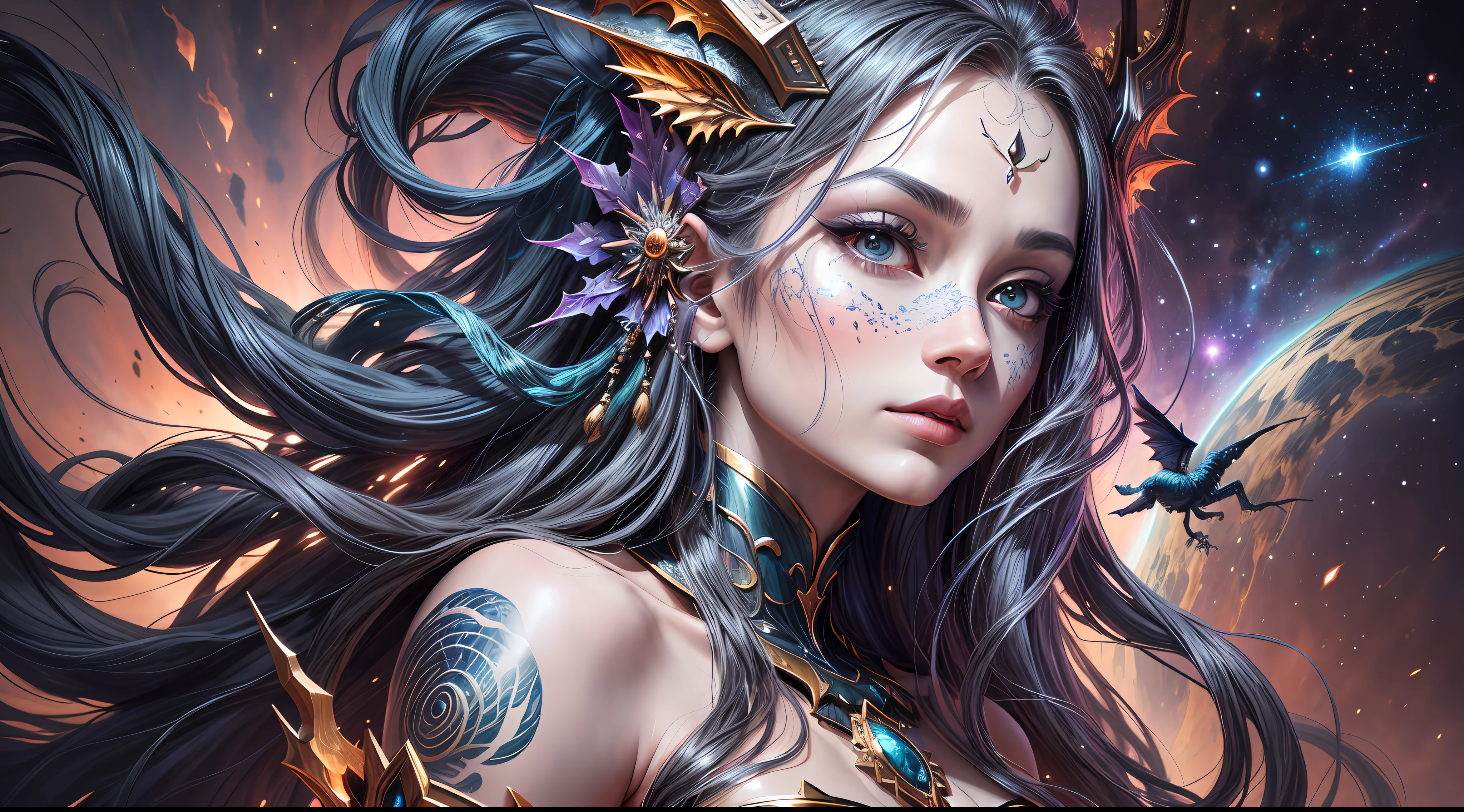 This astonishing image captures the essence of a female dragonoid with a breathtakingly beautiful human head and long flowing hair. The dragonoid's body is meticulously covered in intricate dragon scales, accentuating its ethereal appearance. The scene is set in a cosmic environment, where swirling nebulas and distant galaxies create a mesmerizing backdrop. The dragonoid stands gracefully on the edge of the universe, with a highly detailed face and piercing eyes that convey a sense of wisdom and serenity. The skin and skin pores are painstakingly rendered, adding a layer of realism to the image. This artwork combines traditional painting techniques with digital enhancements to create a masterpiece that pushes the boundaries of imagination.