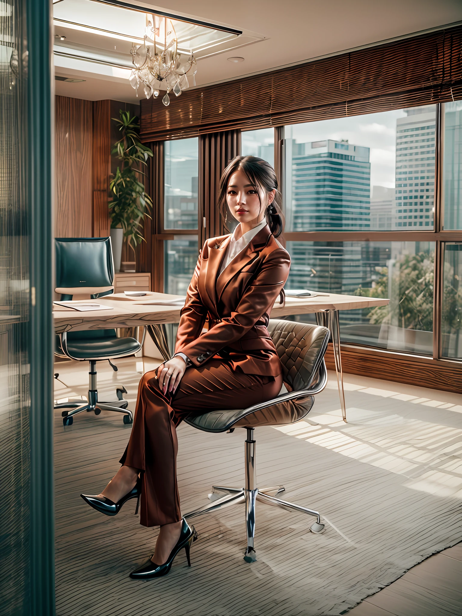 (masterpiece, high resolution:1.3), (photo of a Korean business executive:1.2), (wearing an elegant red outfit:1.2), (Sony Alpha 1 camera, ideal for capturing exceptional detail and realism:1.2), (paired with the Sony FE 24-70mm f/2.8 GM lens for a versatile and sharp portrait:1.2), (the executive exudes confidence and professionalism:1.1), (her posture displaying authority and poise:1.1), (her dark hair impeccably styled:1.1), (her makeup enhancing her natural beauty:1.1), (the office space decorated with a minimalist and sophisticated design:1.1), (clean lines and neutral colors creating a serene ambiance:1.1), (the executive seated comfortably in an ergonomic chair:1.1), (her desk organized and clutter-free:1.1), (a vase of fresh flowers adding a touch of elegance:1.1), (the subtle play of light and shadow enhancing the atmosphere:1.1), (a view of the cityscape through the window, symbolizing progress and ambition:1.1), (the photo capturing the executive's professionalism and dedication to her work:1.1), (the high-resolution image ensuring every detail, from her outfit's fabric to the textures of the furniture, is crystal clear:1.1), (a moment frozen in time, portraying the essence of a successful Korean executive:1.1), (an image that reflects competence, sophistication, and achievement:1.1), Cinematic, Hyper-detailed, insane details, Beautifully color graded, Unreal Engine, DOF, Super-Resolution, Megapixel, Cinematic Lightning, Anti-Aliasing, FKAA, TXAA, RTX, SSAO, Post Processing, Post Production, Tone Mapping, CGI, VFX, SFX, Insanely detailed and intricate, Hyper maximalist, Hyper realistic, Volumetric, Photorealistic, ultra photoreal, ultra-detailed, intricate details, 8K, Super detailed, Full color, Volumetric lightning, HDR, Realistic, Unreal Engine, 16K, Sharp focus, octane render