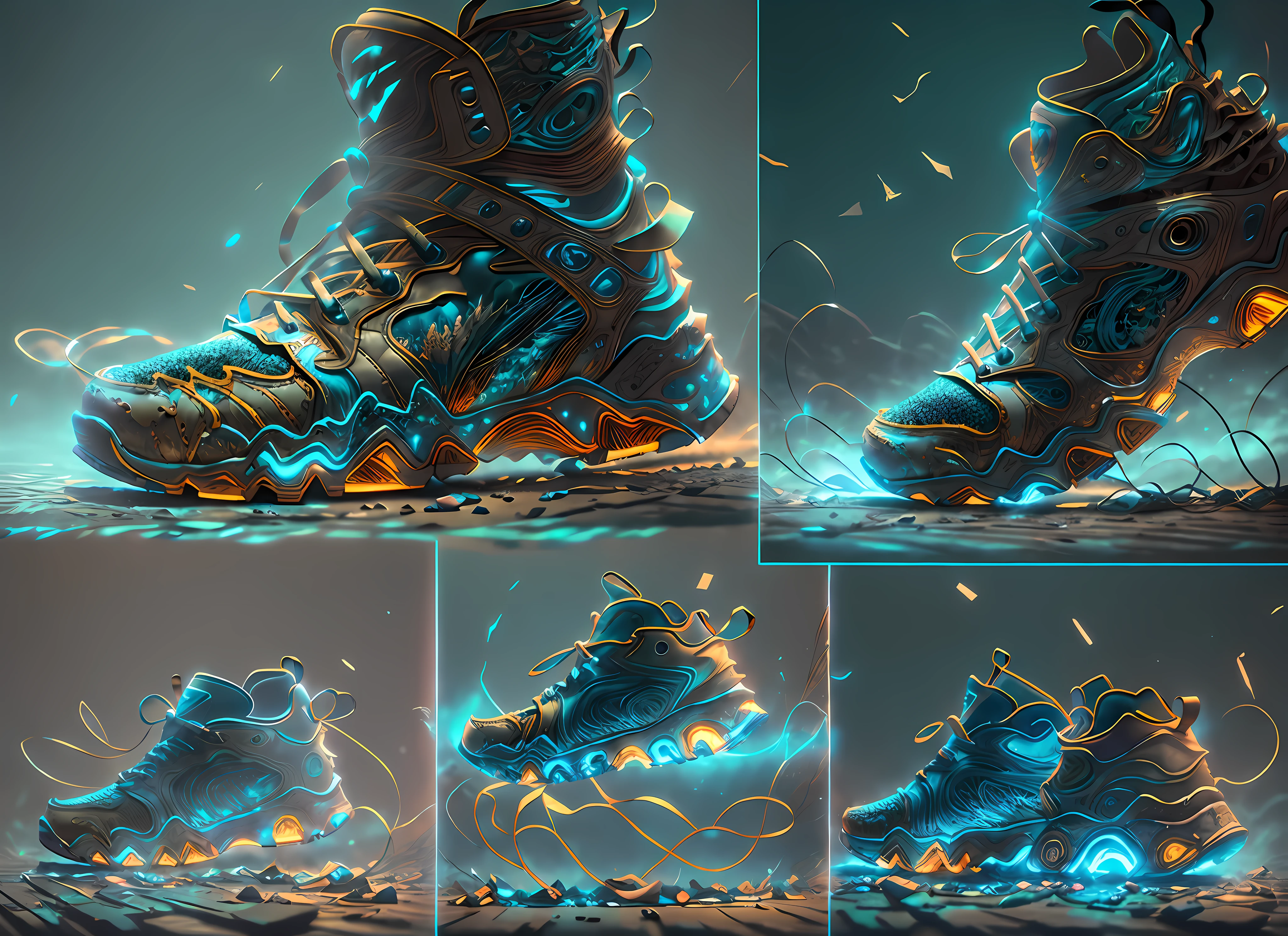 product photography of a cybepunk sneakers, epic render, octane, atmosphere, particles, soft volumetric lights, (backlit:1.3), (cinematic:1.3), intricate details