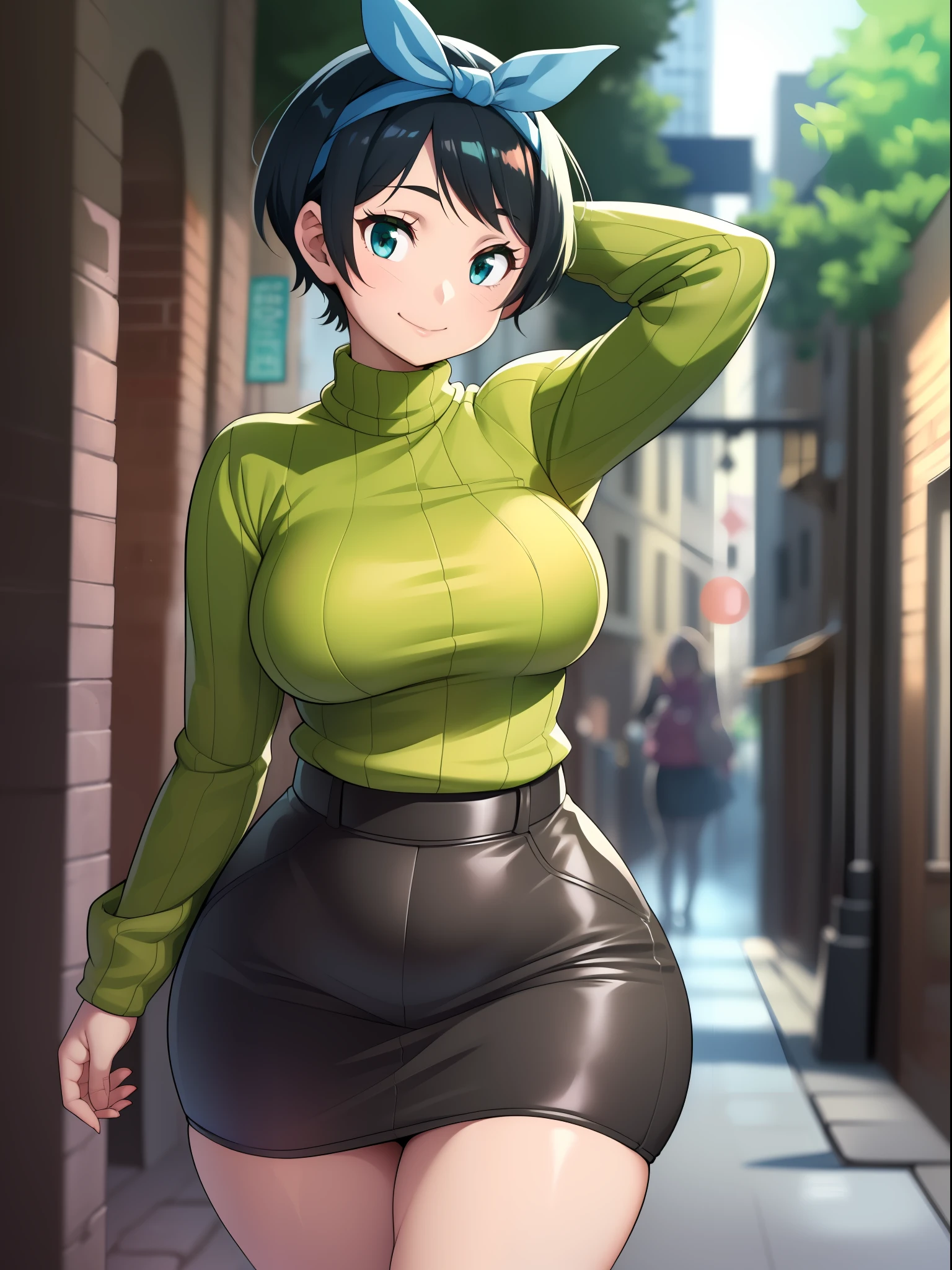 ((((kipteitei art)))), ((highres)),Masterpiece, high quality, best quality, beautiful, perfect lighting, detailed face, ultra cute face, ((1girl)), ((solo), ((((sarashina ruka)))), ((blue hairband)), ((tan turtle neck sweater)), ((black short skirt)), black socks, loafers, looking at viewer, cowboy shot, sweet smile, cute, happy, medium breasts, perky breasts, (wide hips), ((thick thighs)), curvy, thicc, town, street,