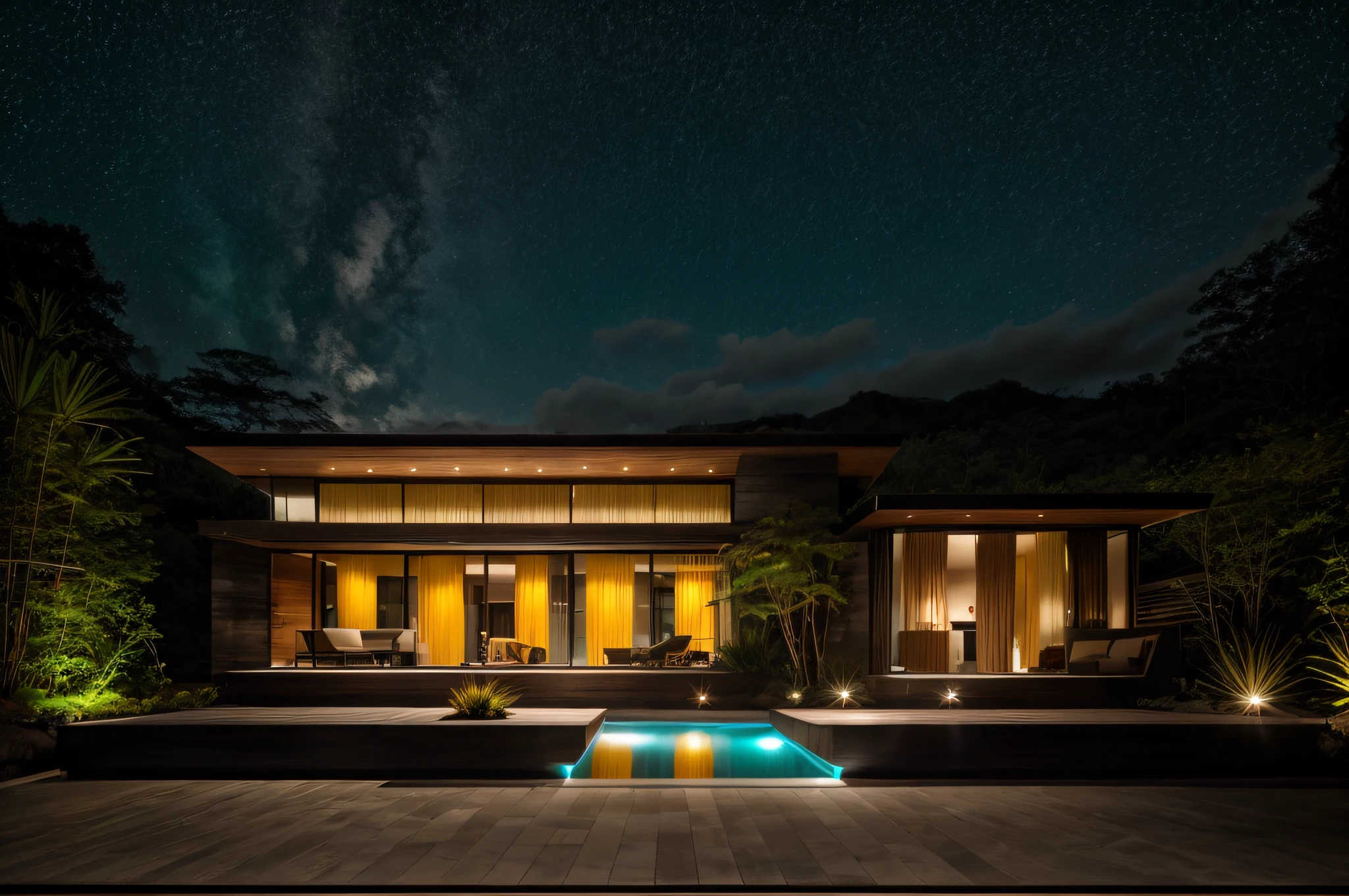 RAW photo, nature, epic futuristic, sunset, fade, warm, raw, hdr, traveler clothes, standing in the forest, natural skin, 8k uhd, high quality, film grain, Fujifilm XT3, cinematic, slate grey, dramatic light, architecture, villa, yellow lights, large sliding glass door, concrete, tropical, palm, bali, resort, concrete awning with downlights