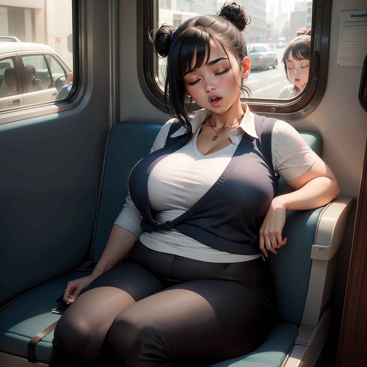 1 beautiful woman, drooling, sleeping with her mouth open, lips open, sleeping sitting on the bus seat, black hair, short hair tied with a hair clip in a single bun; White shirt; dark blue vest over shirt; thin black sweater over the vest; brown wallet; curvy woman; fat woman, outlined eyes, black pants, eyes closed, head resting on the seat, sitting near the window, head raised upwards with open mouth, eyes closed