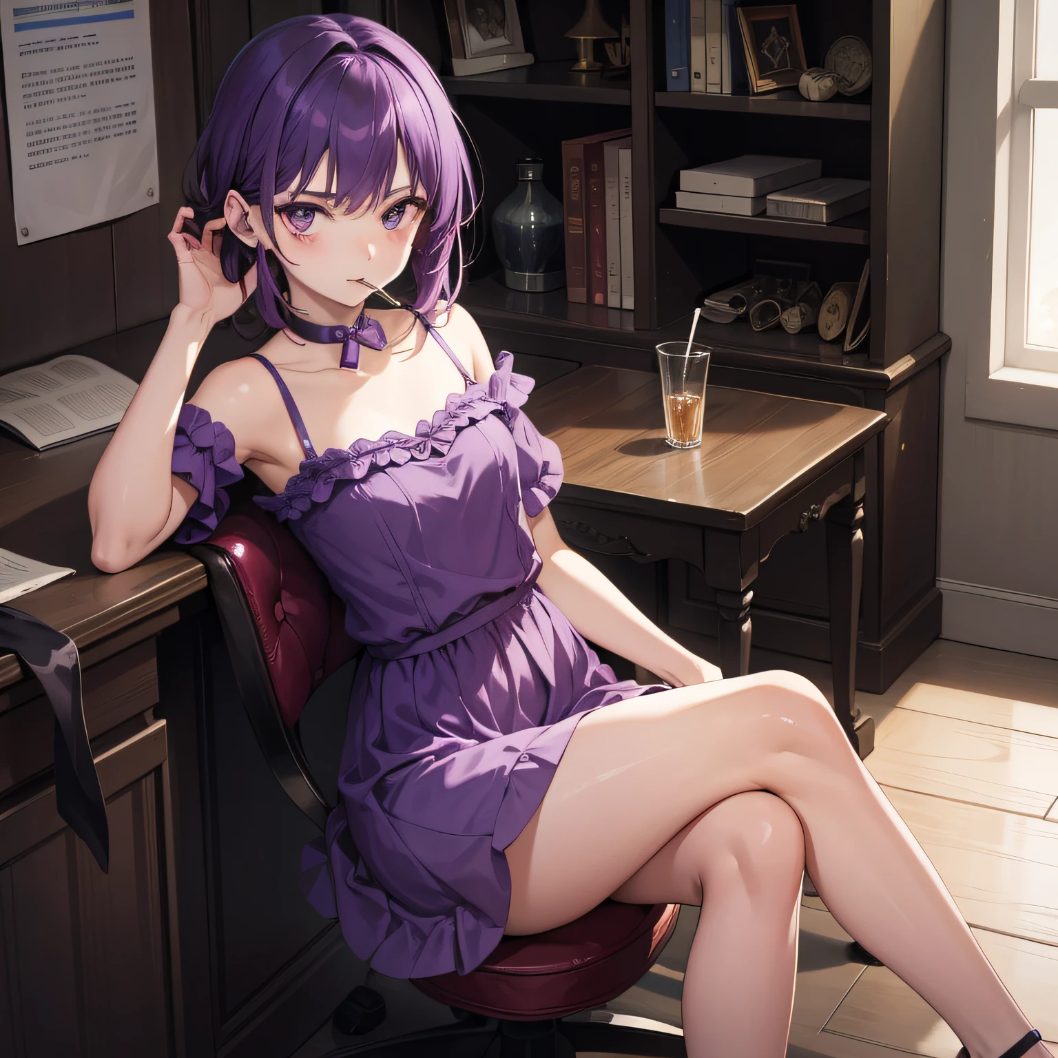 A girl in a short purple dress,With a cigarette in his mouth,Sit on a small stool,The way you speak,Relaxed expression
