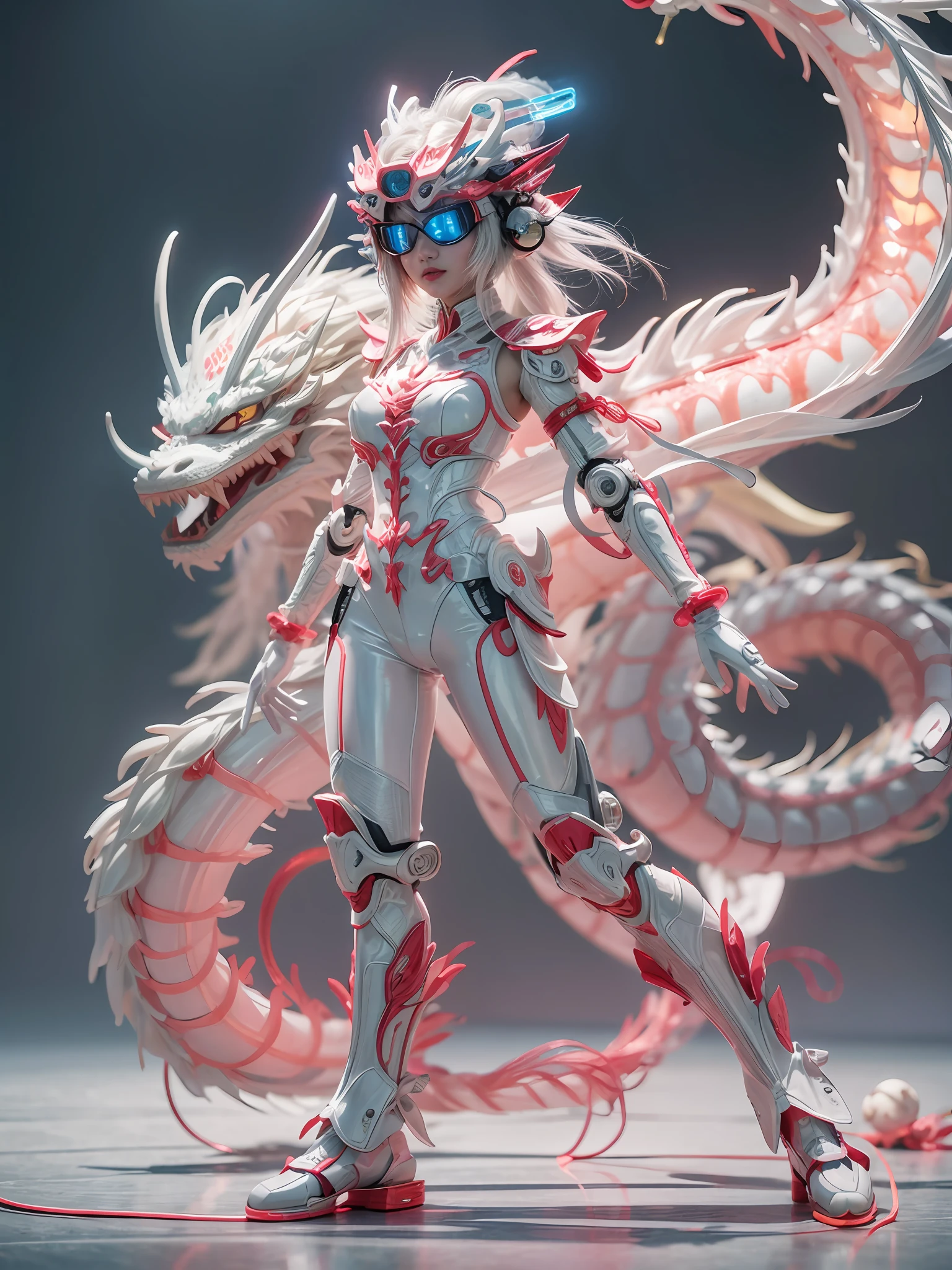chinesedragon, (blind box toy style:1.2), (Full Body Shot) , 1 Transparent girl,Behind him is a transparent and Chinese dragon, Transparent mecha, Exquisite Helmet:1.2, glowing goggles:1.2, Cyberpunk, Dreamy Glow, Luminous neon lamp, clean, white background, ( Global illumination, raytracing, HDR, unreal render,reasonable design, high detailed, masterpiece, best quality, UHD, Cinematic Lighting)
