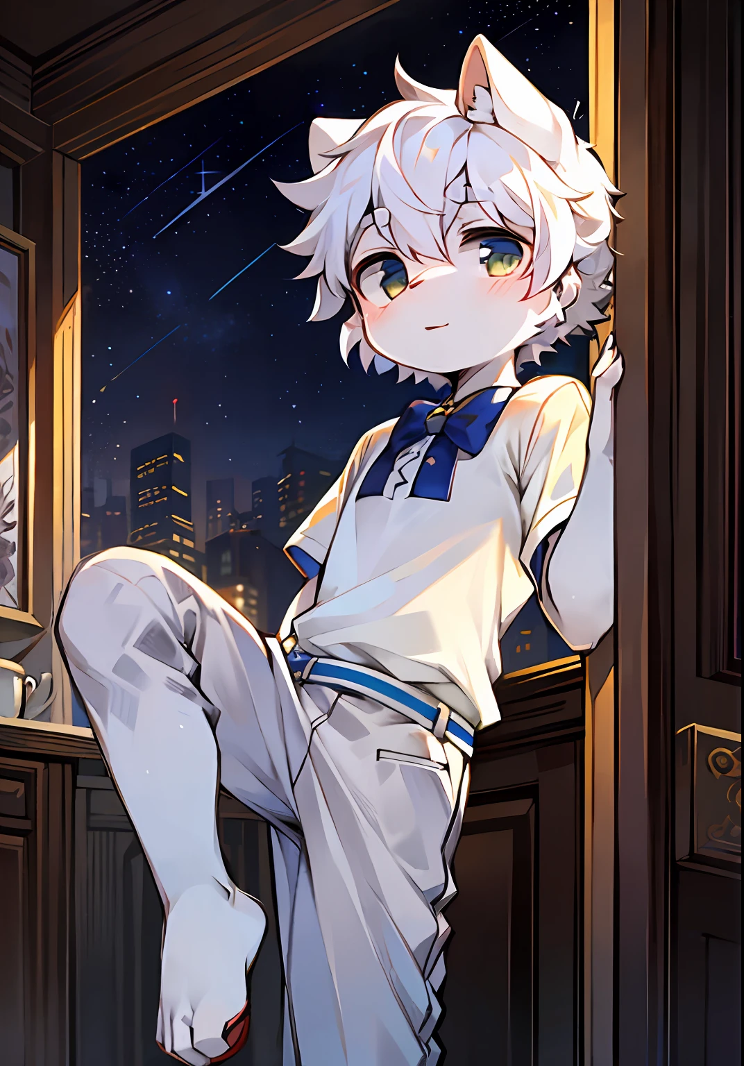 (Best quality at best,masterpiece1.2),1boy,standing on your feet,White color blouse,Male cute(Starry nights1.2)