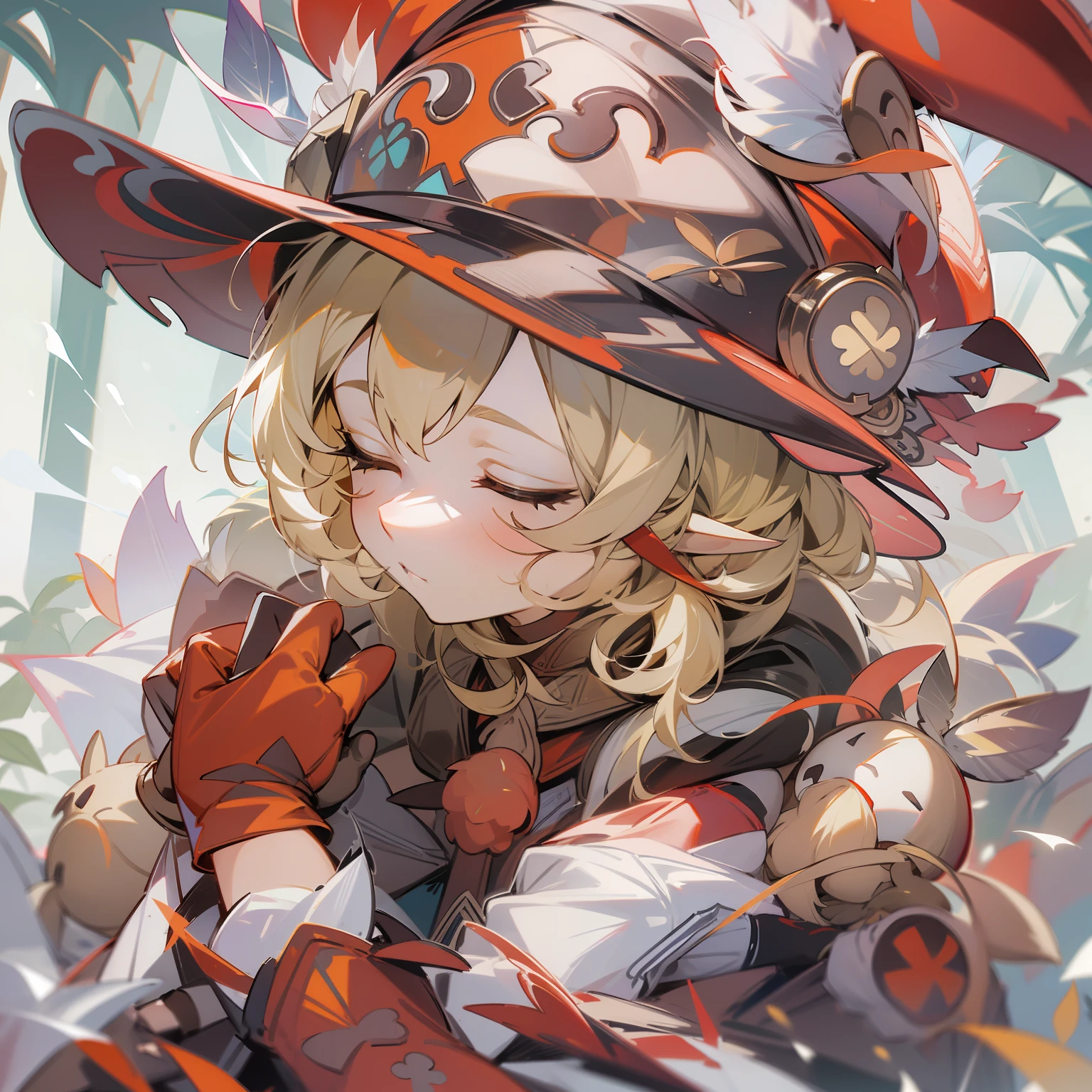 (​masterpiece、top-quality)、detaileds、Spiky ears、Hats、*** 1 人、blonde  hair、Hat feathers、elvish、gloves、klee_\(genshin_impact\)、bags、red headwear、mittens、sleeping face