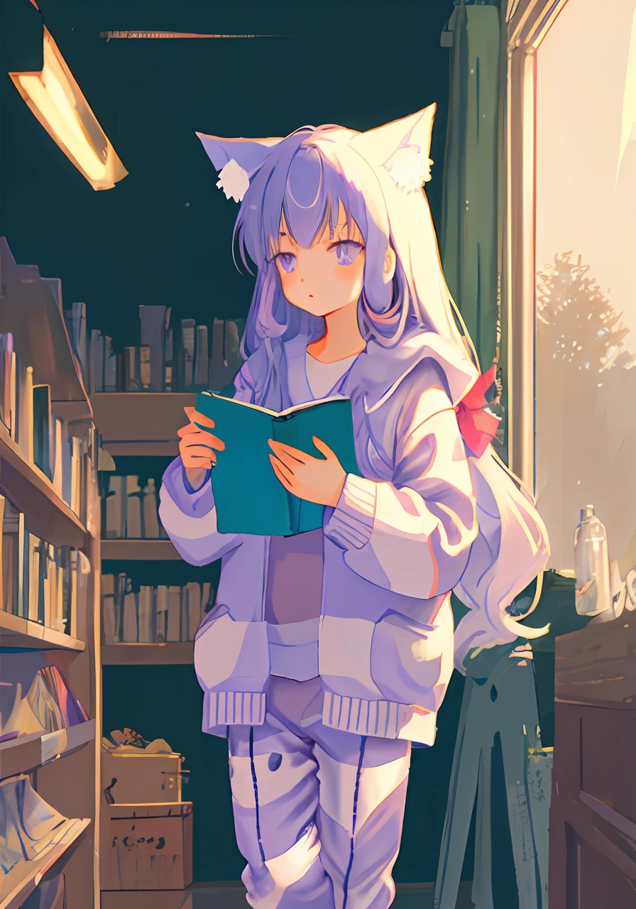 patchouli.knowledge，Kizi。In this ancient、Atmospheric、Inside the brightly lit library was a cold-looking girl，She wore purple and white striped pajamas，Wearing（Nekomimi hood：1.2）。