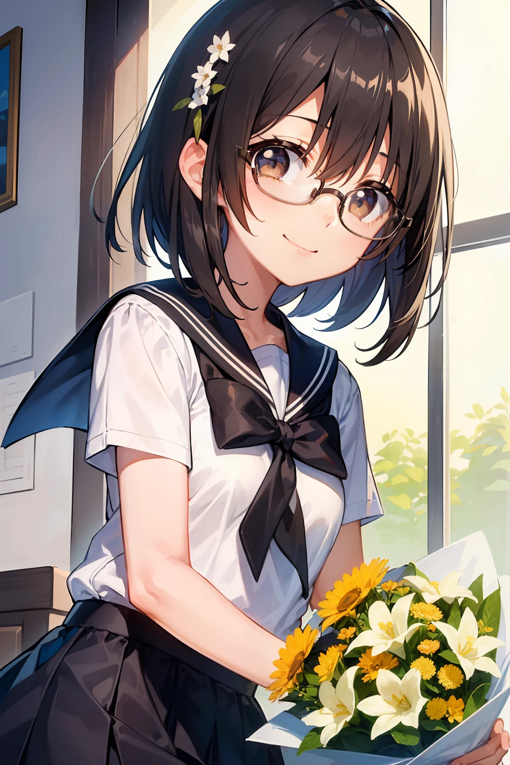 (girl with、Gamine、A dark-haired、short-hair、straight haired、hair adornments、Light brown eyes、A smile、wearing black glasses、small tits、cute face)、masterpiece、top-quality、a sailor suit、Bouquet of flowers in both hands