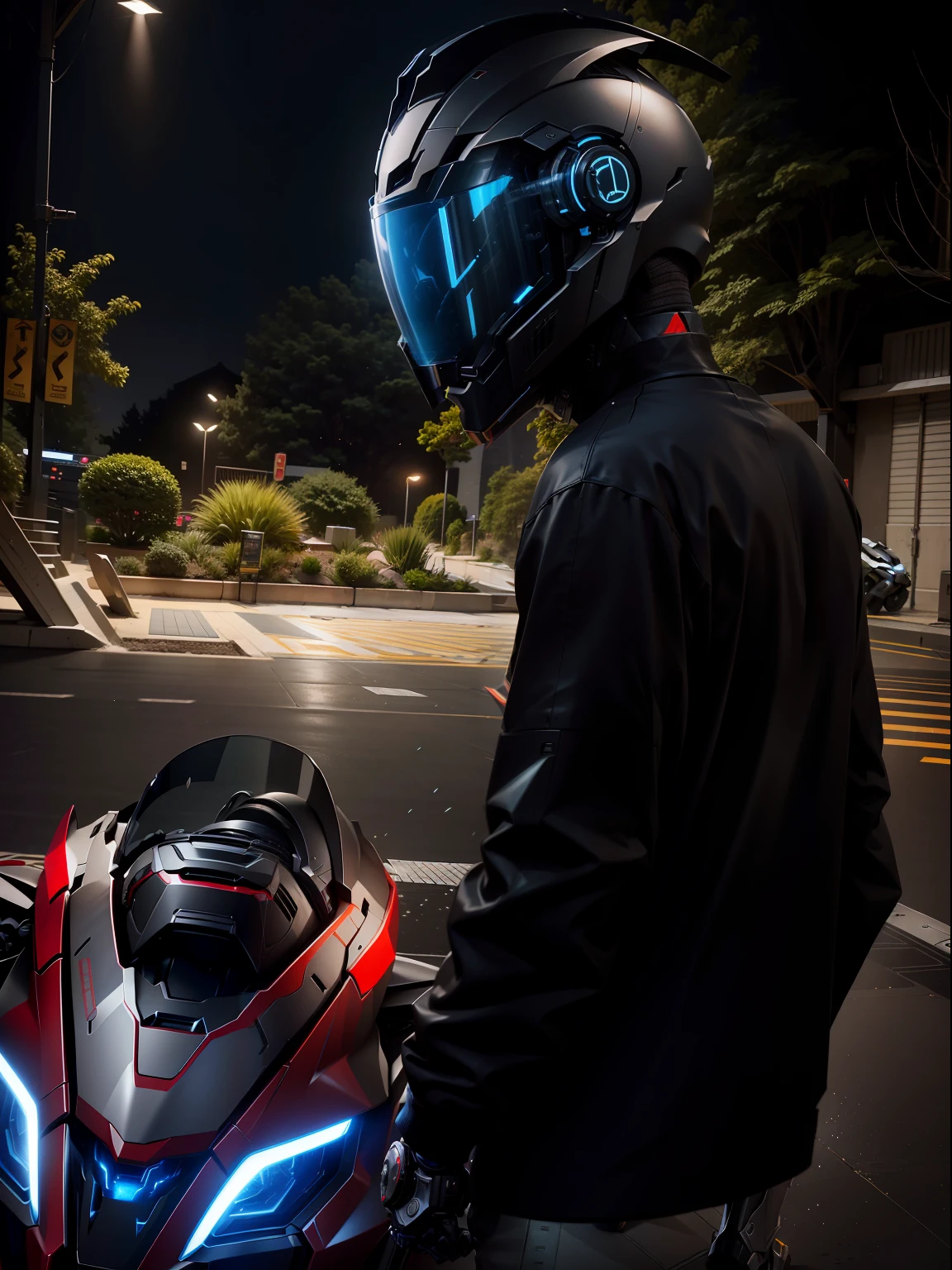 Handsome network, Handsome warrior, Full body mecha,Information mechanical motorcycle,High-tech black high-tech helmet,Nousr, Biomechanicals, MSHN Robot Man,High-tech helmet,hyper realisitc, Steel, Complex design, insanely details, finely detailled, Extremely clear lines, cinmatic lighting, photograph realistic, A detailed masterpiece