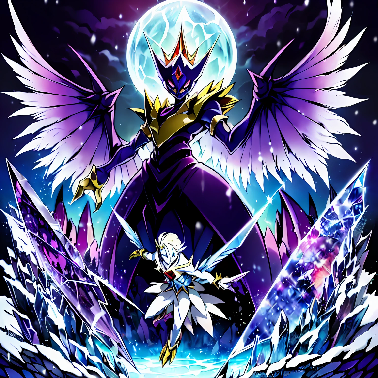 digimon \(creature\),masterpiece, best quality, Beautiful Art Style, 1boy, Solo,young man, ((Vil Schoenheit as a Digimon)), ((Evil queen from Snow White themed )),((Glass Wings)), ((Bird like)),((Purple Skin)),(( Blonde hair with a purple gradient))((White , Purple and Light blue color scheme)), (crystal) Dynamic pose, Mid transformation sequence , stylish pose, ((Evil))