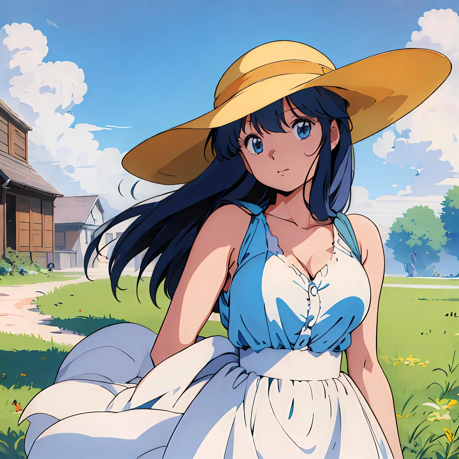 (masterpiece), (best quality), (1girl), solo, perfect body, dress, sun hat, blue sky, cloud, big breast, anime, 1980s style