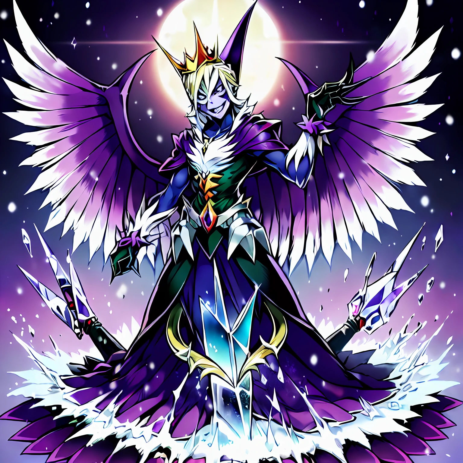 digimon \(creature\),masterpiece, best quality, Beautiful Art Style, 1boy, Solo,young man, ((Vil Schoenheit as a Digimon)), ((Evil queen from Snow White themed )),((Glass Wings)), ((Bird like)),((Purple Skin)),(( Blonde hair with a purple gradient))((White , Purple and Light blue color scheme)), (crystal) Dynamic pose, Mid transformation sequence , stylish pose, ((Evil))