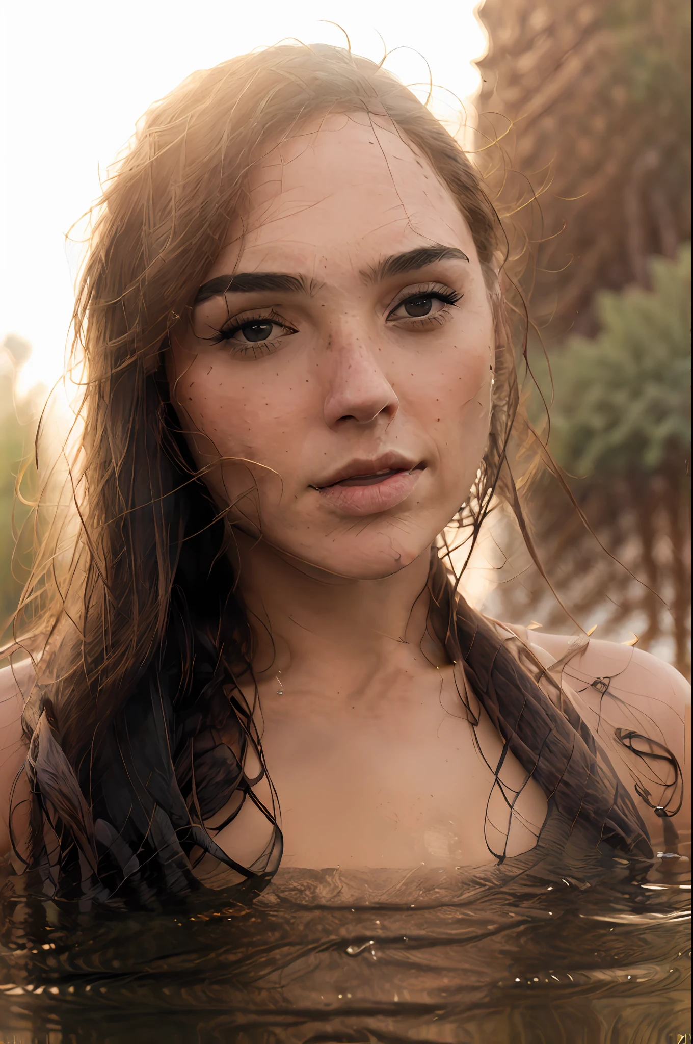portrait of a cute woman (gldot) bathing in a river, reeds, (backlighting), realistic, masterpiece, highest quality, lens flare, shade, bloom, [[chromatic aberration]], by Jeremy Lipking, by Antonio J. Manzanedo, digital painting,