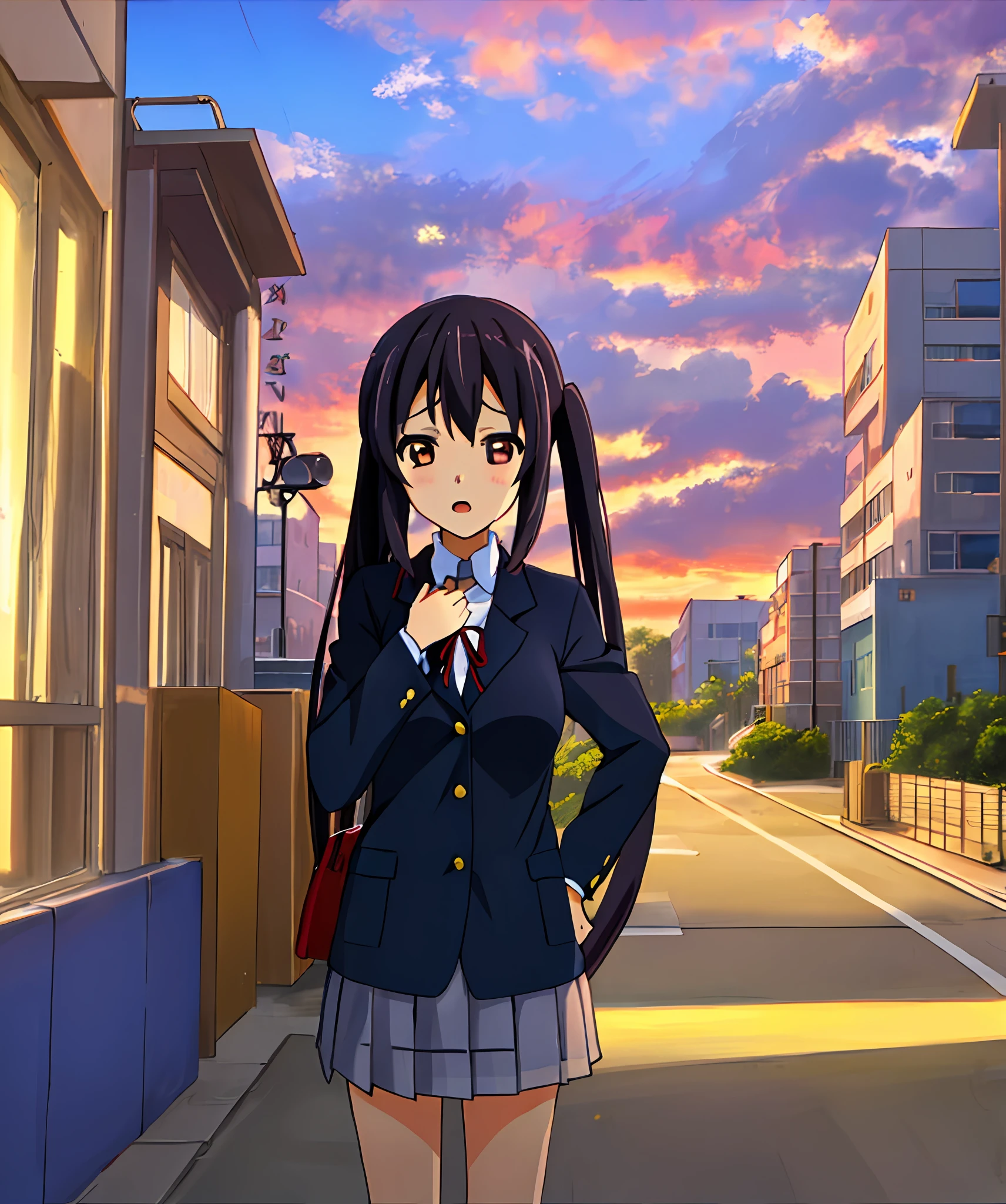 1girl, (((masterpiece))), top-quality, top-quality, High Details, nakano azusa, 1girl, Sakuragaoka High School Uniform, student clothes, Twin-tailed, length hair, A dark-haired, brown-eyed, 独奏, reddish, Dark blue blazer with thin red ribbon, Solid white buttoned shirt under blazer, illustratio, comic strip, soothing tones, Subdued Color, Soft cinematic light, adobe lightroom, photolab, HDR, intricately and hyper-detailed、(((depth of fields))))。(((masterpiece)))。(((top-quality))).)((ultra-detailliert)))。(((illustratio)))。(((takeout))).dynamic focus.((big breasts)).(((Skyscrapers))).(((A city scape))).(((Face of sadness))). open mouth.(((put hands on the hip))).(((up chest))).((evening glow)).((the setting sun)).