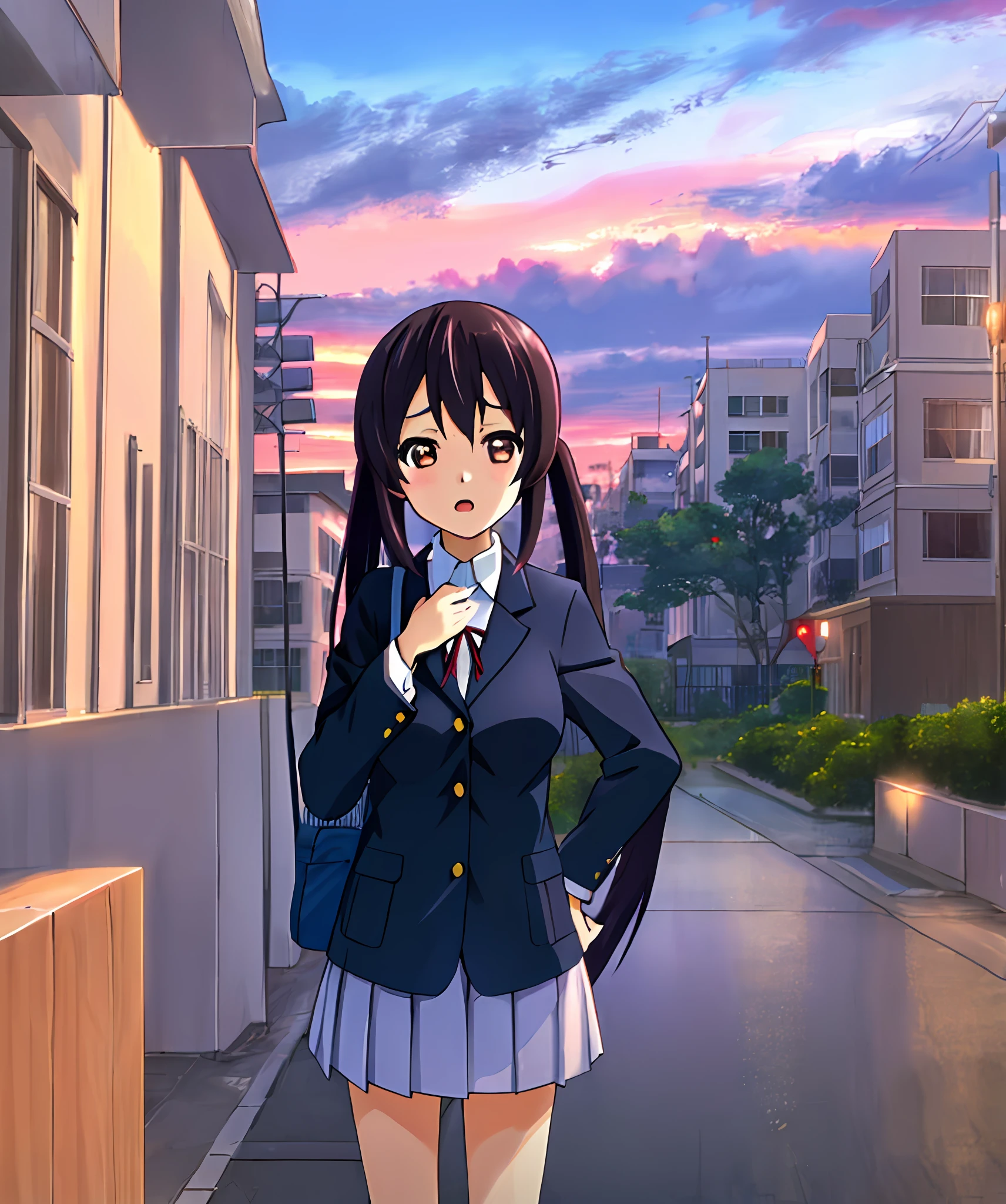 1girl, (((masterpiece))), top-quality, top-quality, High Details, nakano azusa, 1girl, Sakuragaoka High School Uniform, student clothes, Twin-tailed, length hair, A dark-haired, brown-eyed, 独奏, reddish, Dark blue blazer with thin red ribbon, Solid white buttoned shirt under blazer, illustratio, comic strip, soothing tones, Subdued Color, Soft cinematic light, adobe lightroom, photolab, HDR, intricately and hyper-detailed、(((depth of fields))))。(((masterpiece)))。(((top-quality))).)((ultra-detailliert)))。(((illustratio)))。(((takeout))).dynamic focus.((big breasts)).(((Skyscrapers))).(((A city scape))).(((Face of sadness))). open mouth.(((put hands on the hip))).(((up chest))).((evening glow)).((the setting sun)).