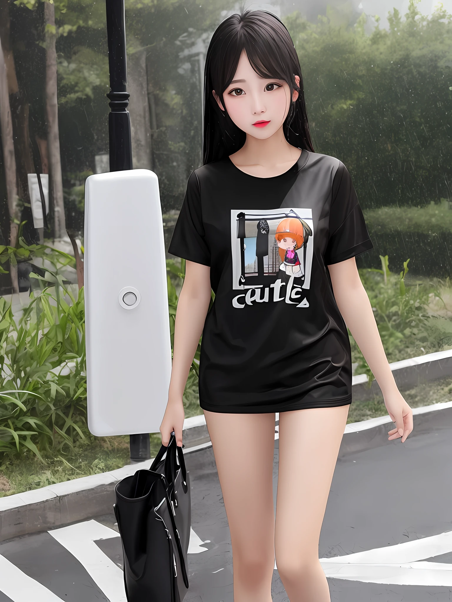 Girl cute transparent t-shirt wet by rain