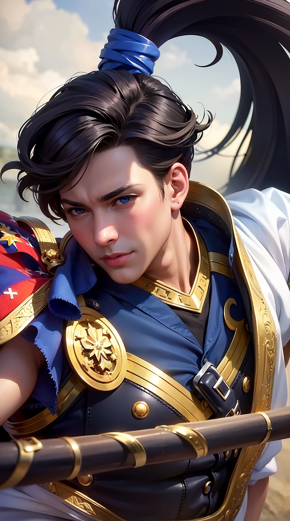 masculine male, masterpiece, ((perfect eyes)) best quality, (semirealism:1.9), beautiful lighting, (extremely detailed CG unity 4k fhd wallpaper), High Detail, Sharp focus, dramatic outdoors, 1 boy ,17 years old, brown short hair, blue eyes, smile