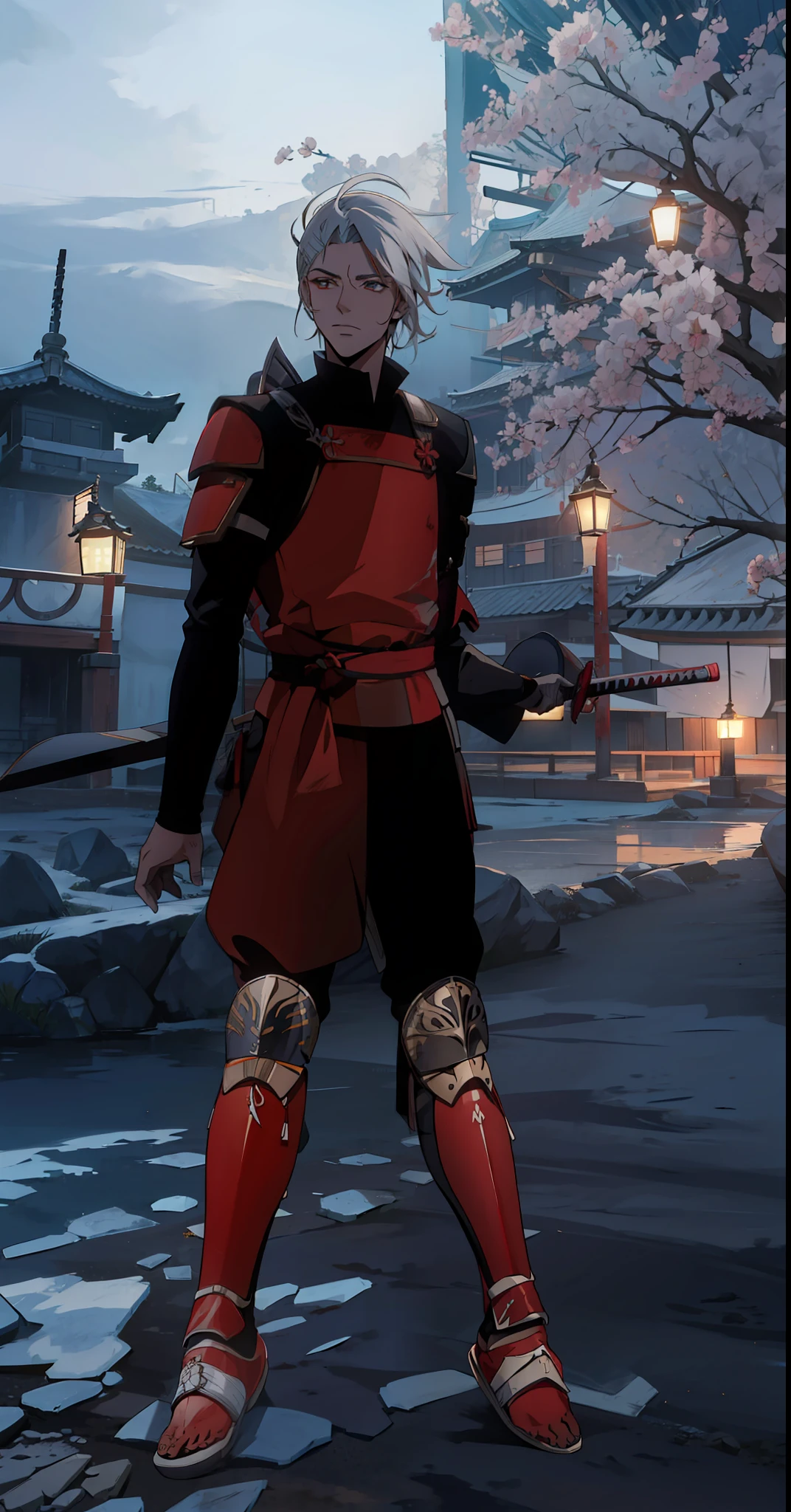 Homen Samurai com cabelo branco com armadura de chogun vermelha 8k