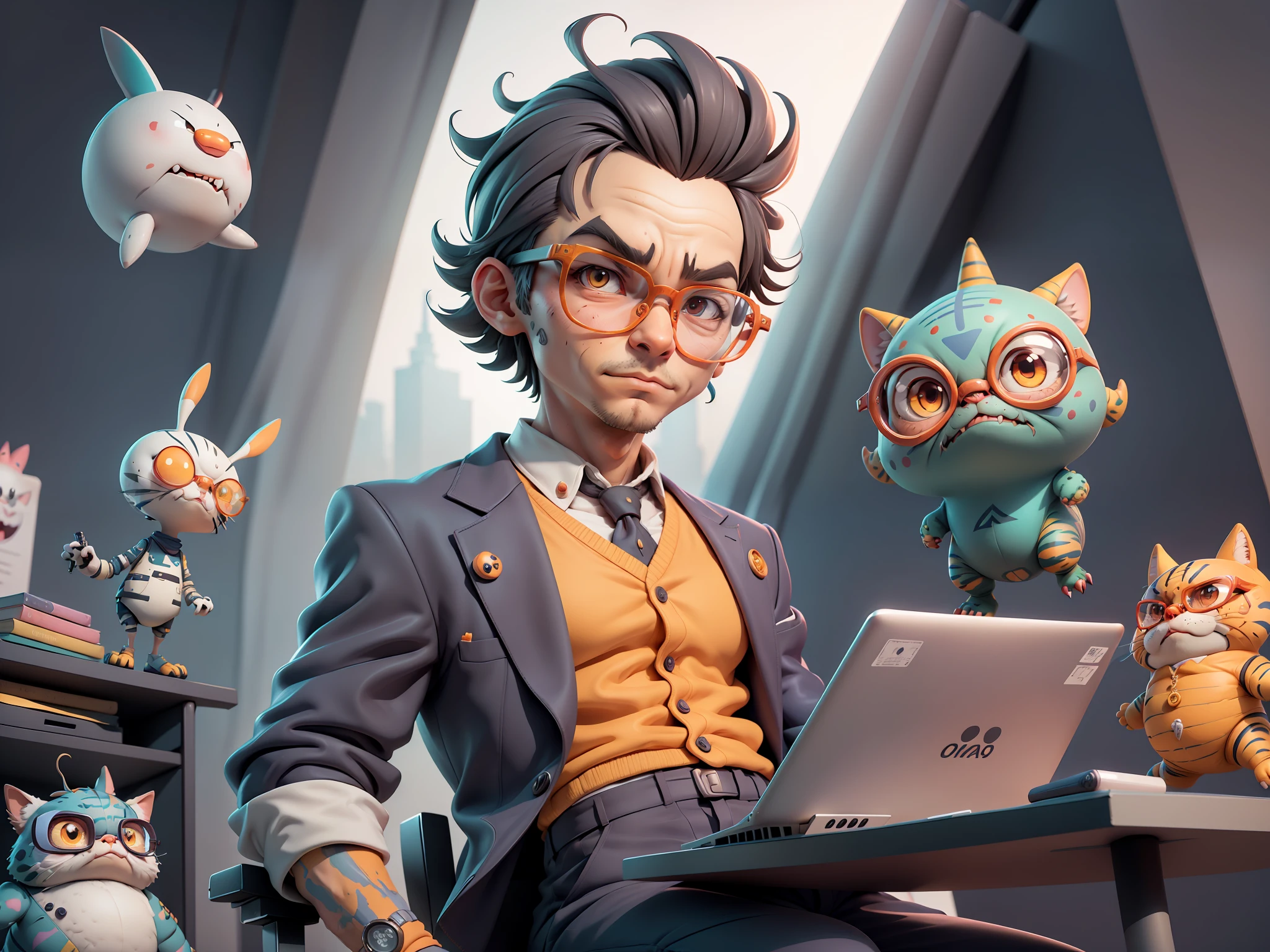 A young man in a suit, Short hair and glasses sat at his desk,holding laptop,digitial painting,tigre,3D character design by Mark Clairen and Pixar and Hayao Miyazaki and Akira Toriyama,4K HD illustration,Very detailed facial features and cartoon-style visuals。
