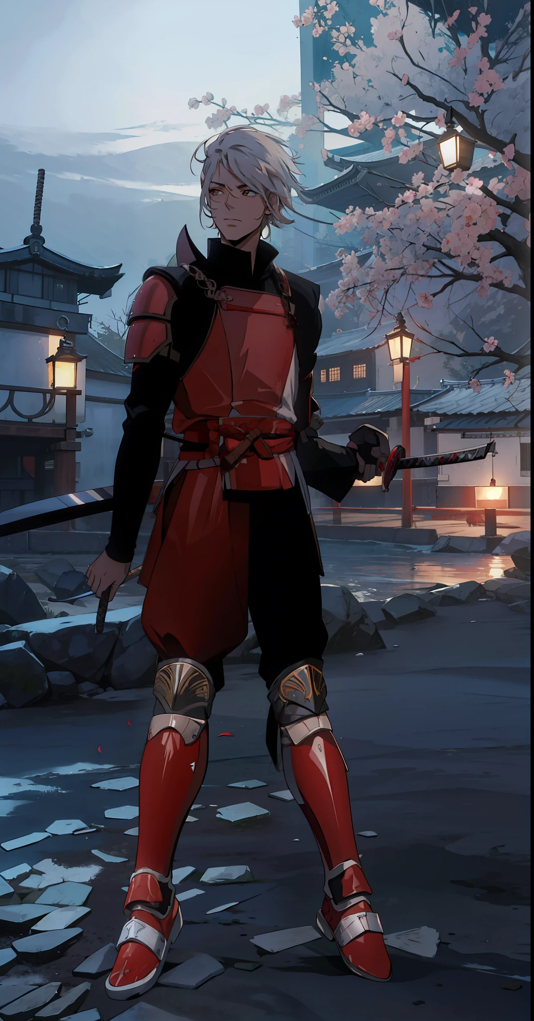 Homen Samurai com cabelo branco com armadura de chogun vermelha 8k